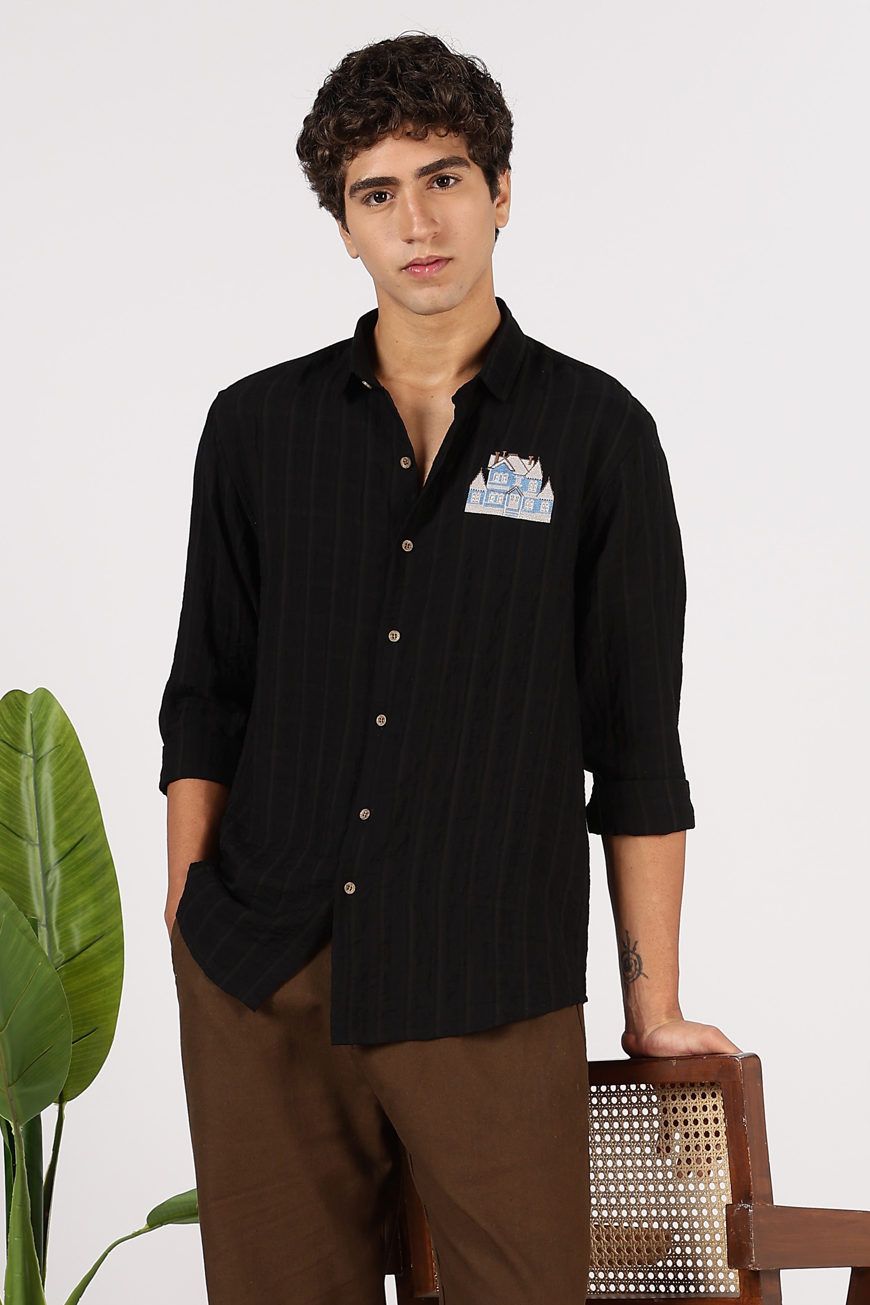 Midnight Manor Cotton Regular Fit Black Embroidered Shirt
