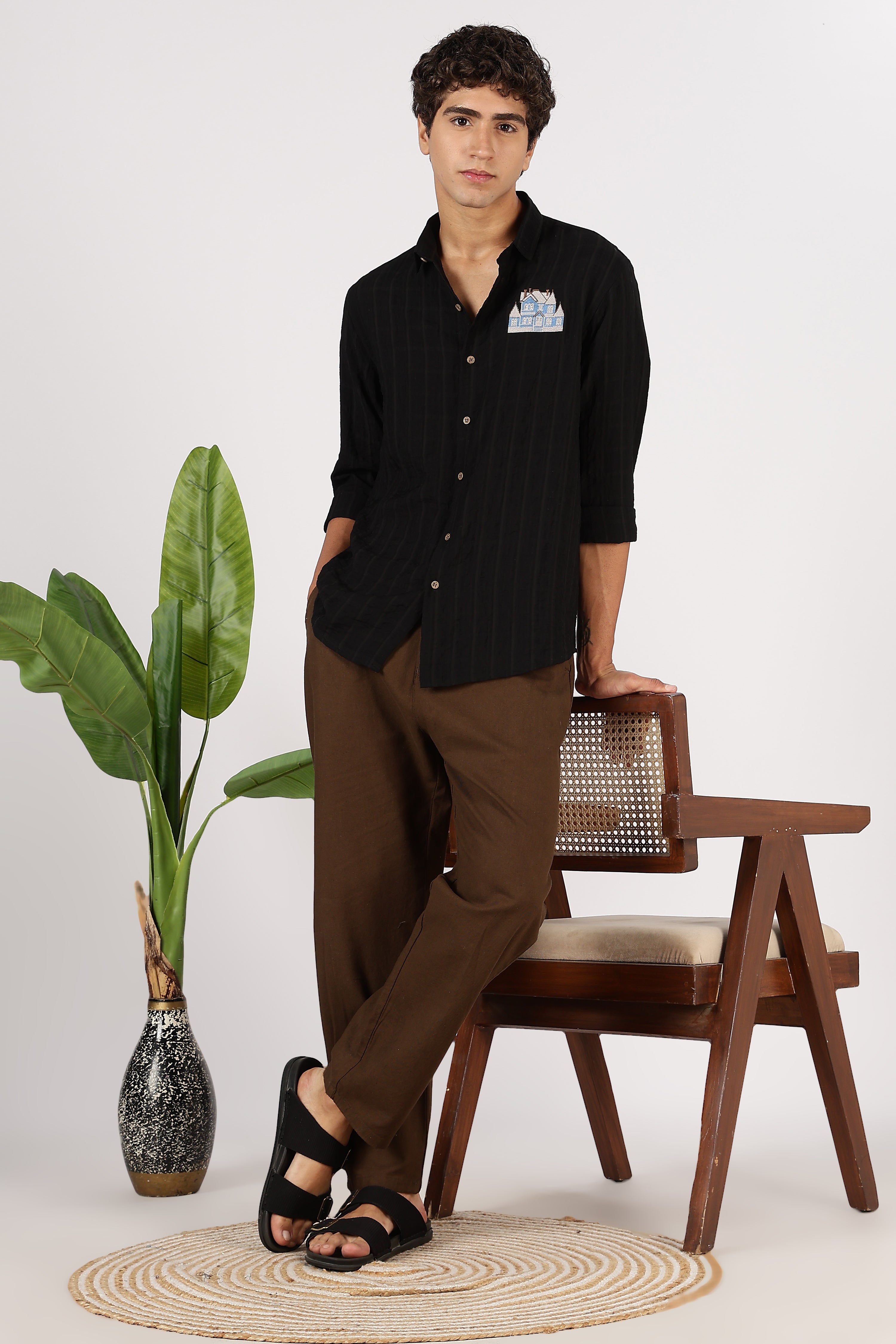 Midnight Manor Cotton Regular Fit Black Embroidered Shirt