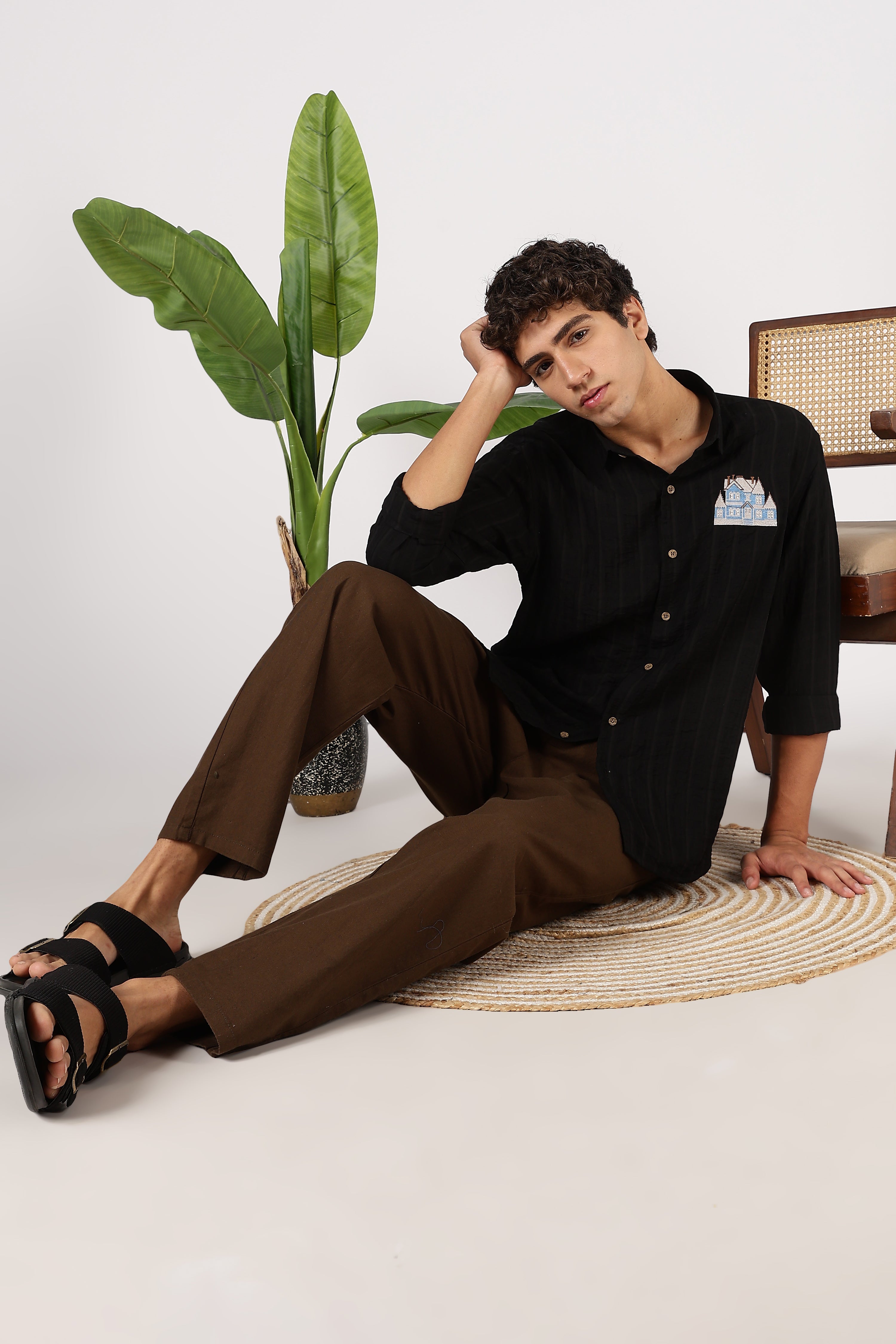 Midnight Manor Cotton Regular Fit Black Embroidered Shirt