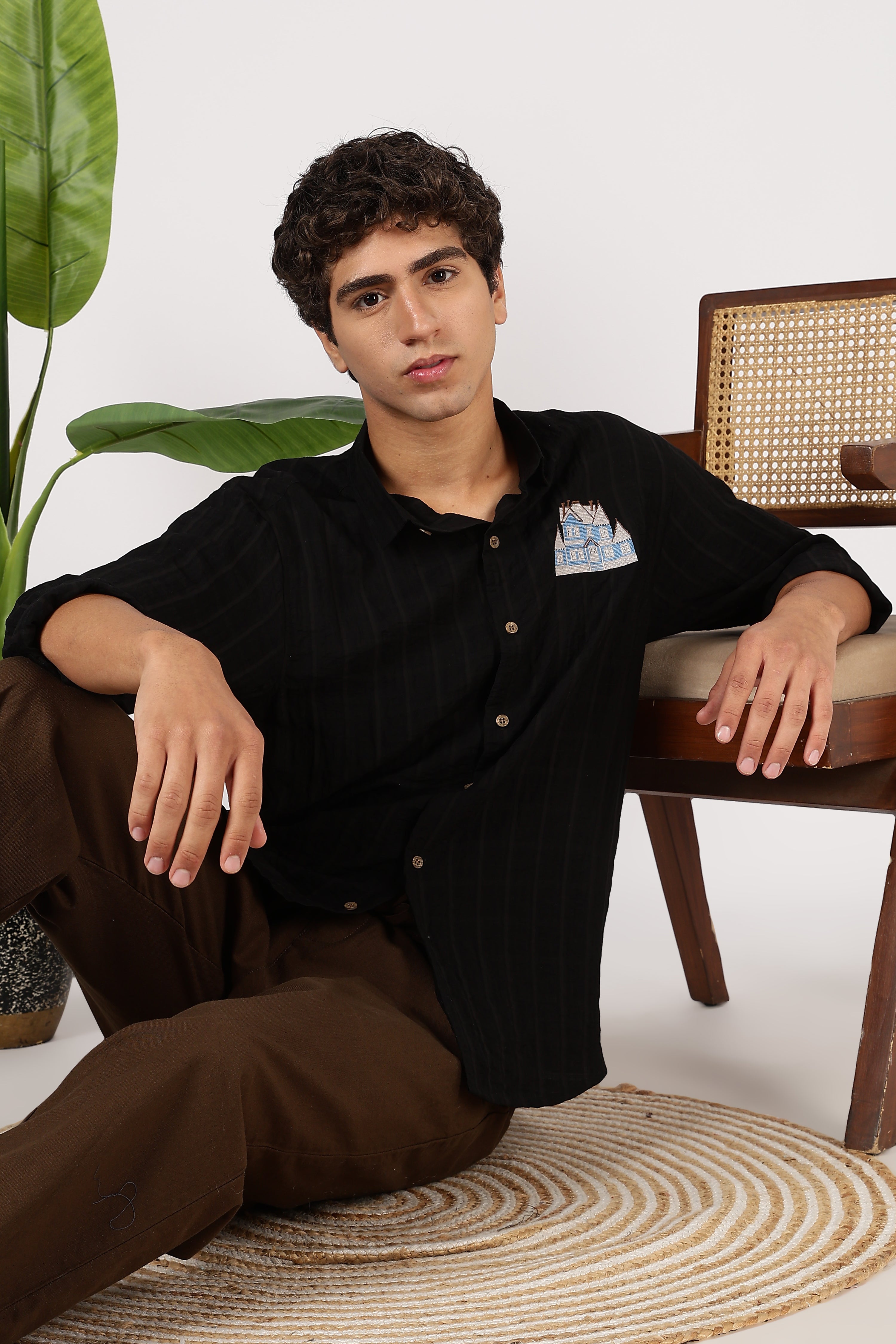 Midnight Manor Cotton Regular Fit Black Embroidered Shirt