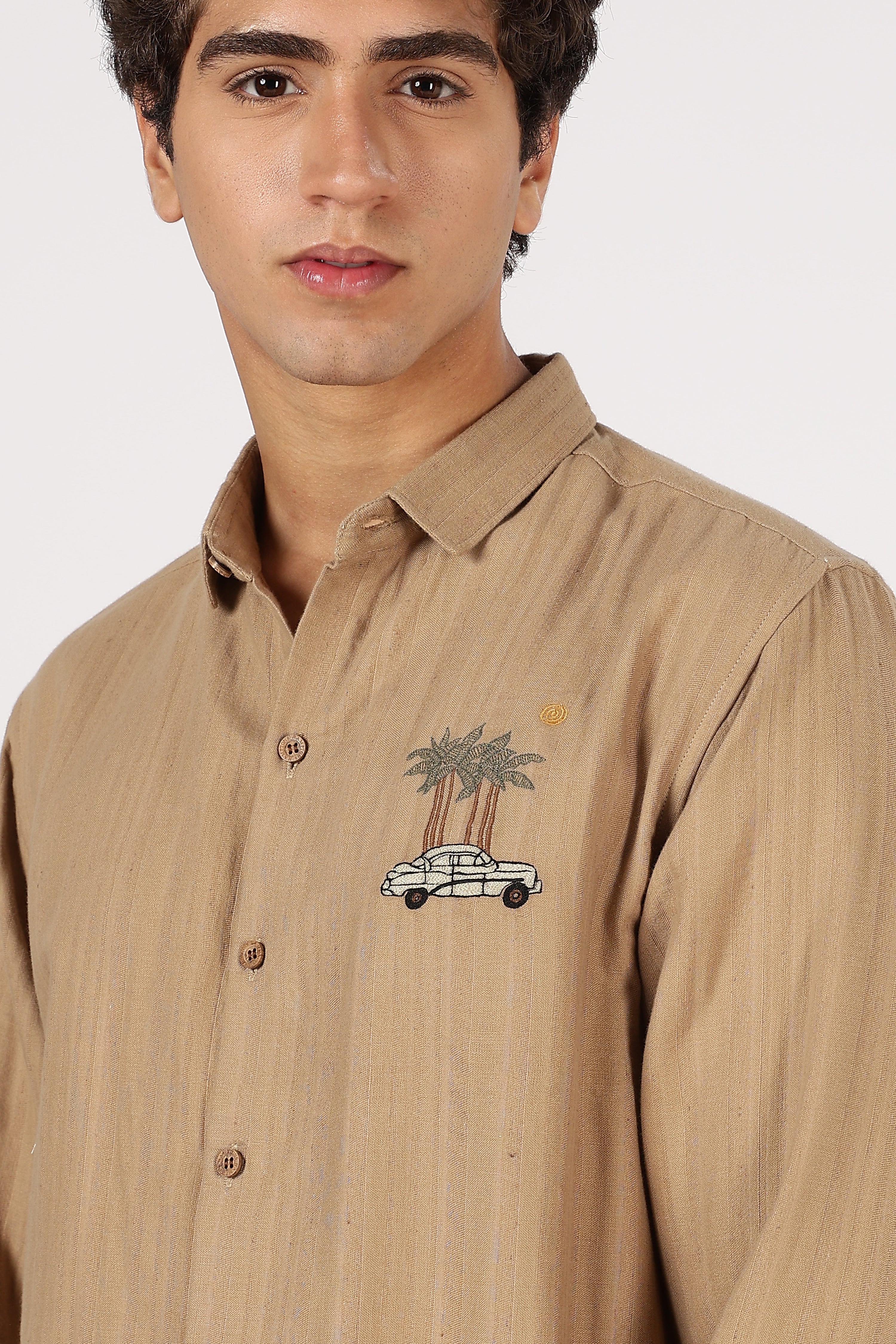 Palm Drive Scenic Cotton Regular Fit Brown Striped Shirt