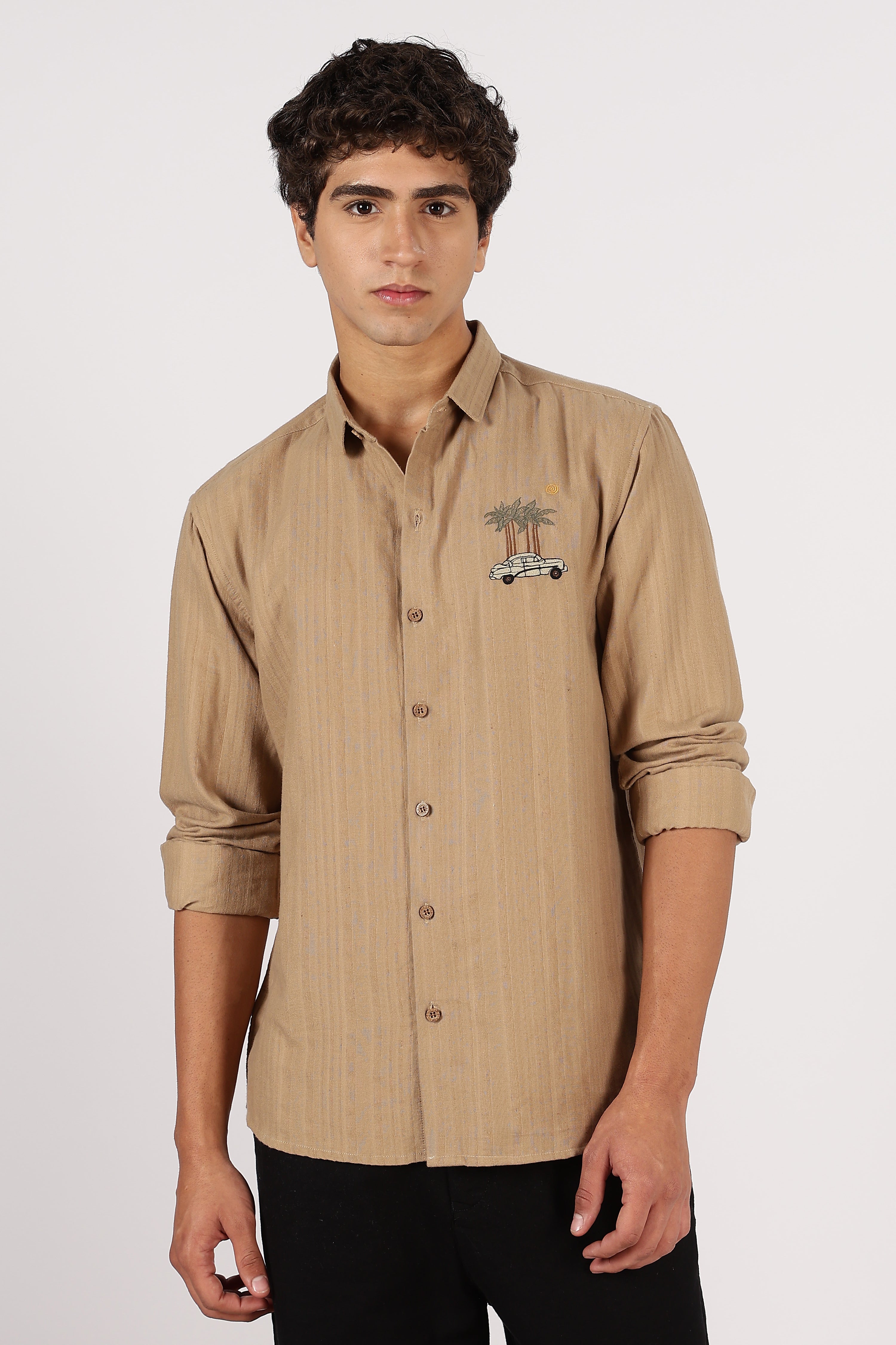 Palm Drive Scenic Cotton Regular Fit Brown Striped Shirt