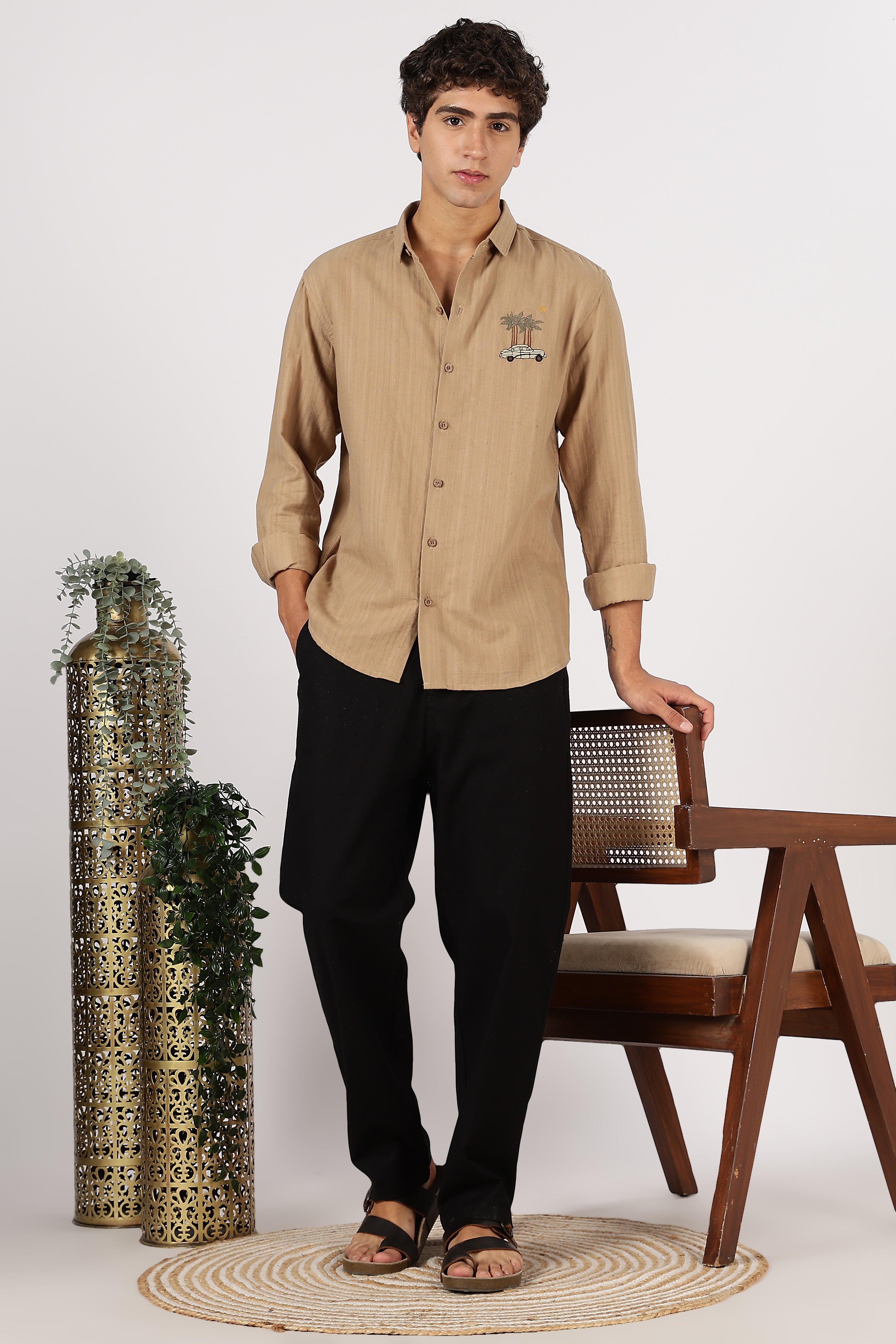 Palm Drive Scenic Cotton Regular Fit Brown Striped Shirt