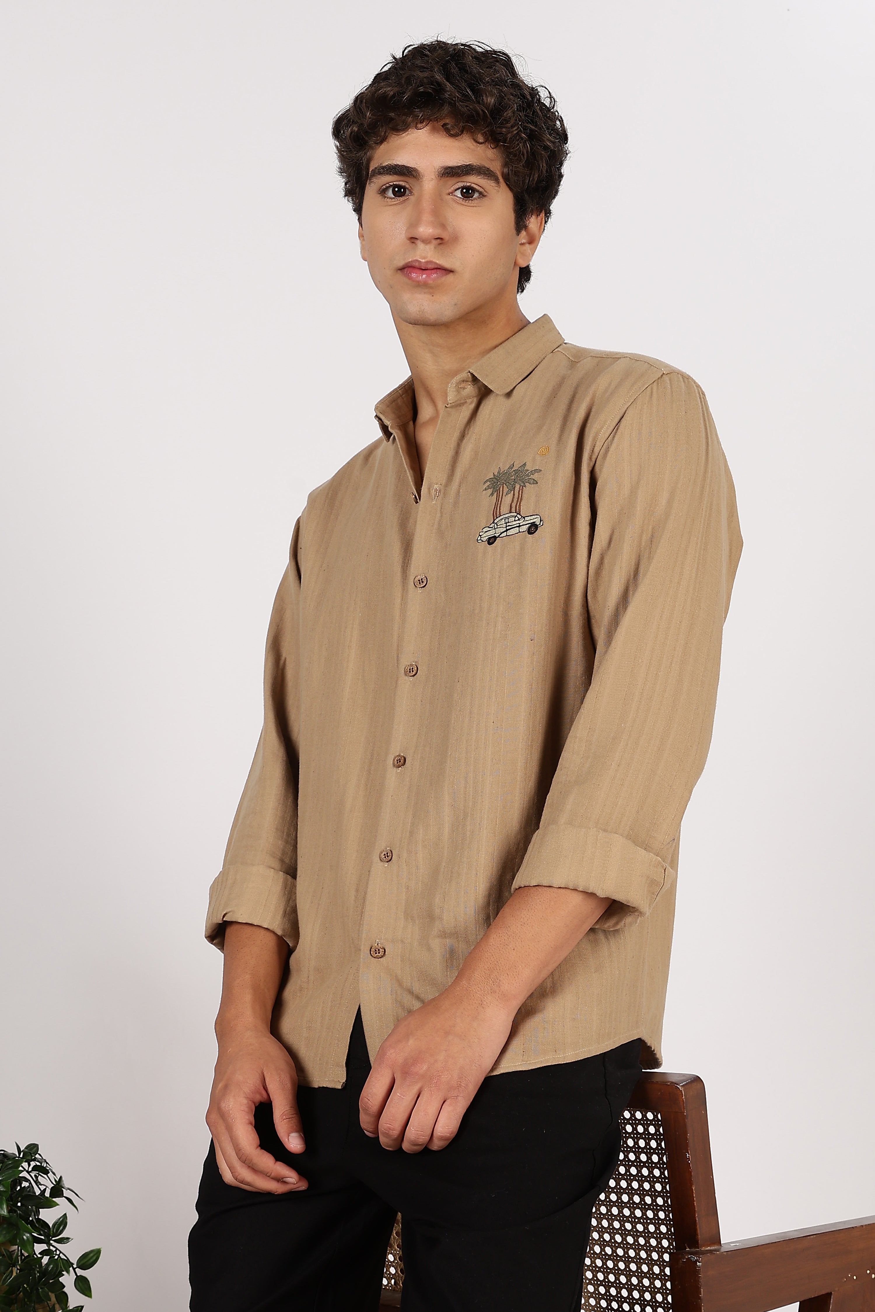 Palm Drive Scenic Cotton Regular Fit Brown Striped Shirt