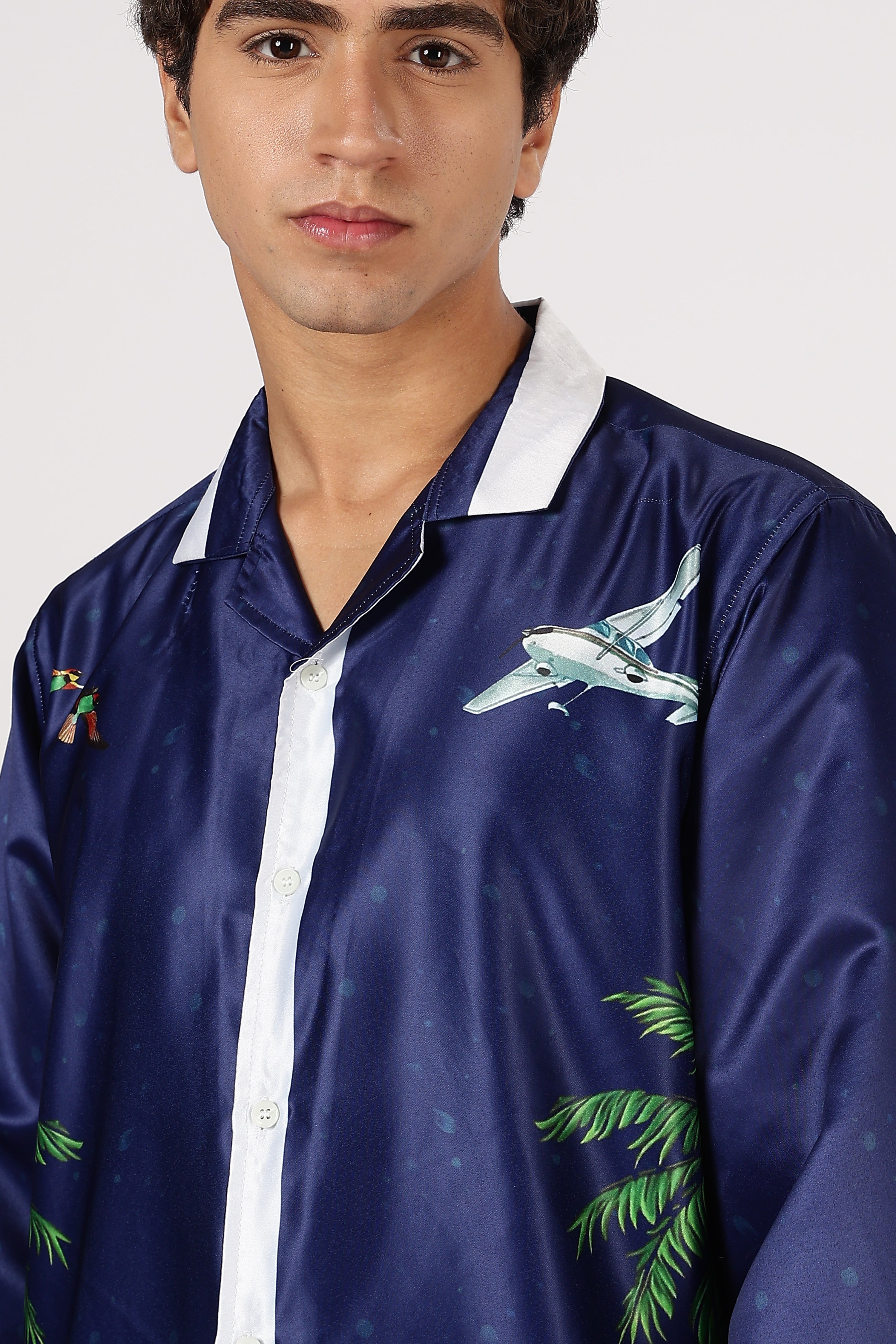 Hamptons Regatta Nights Satin Box Fit Blue Printed Shirt
