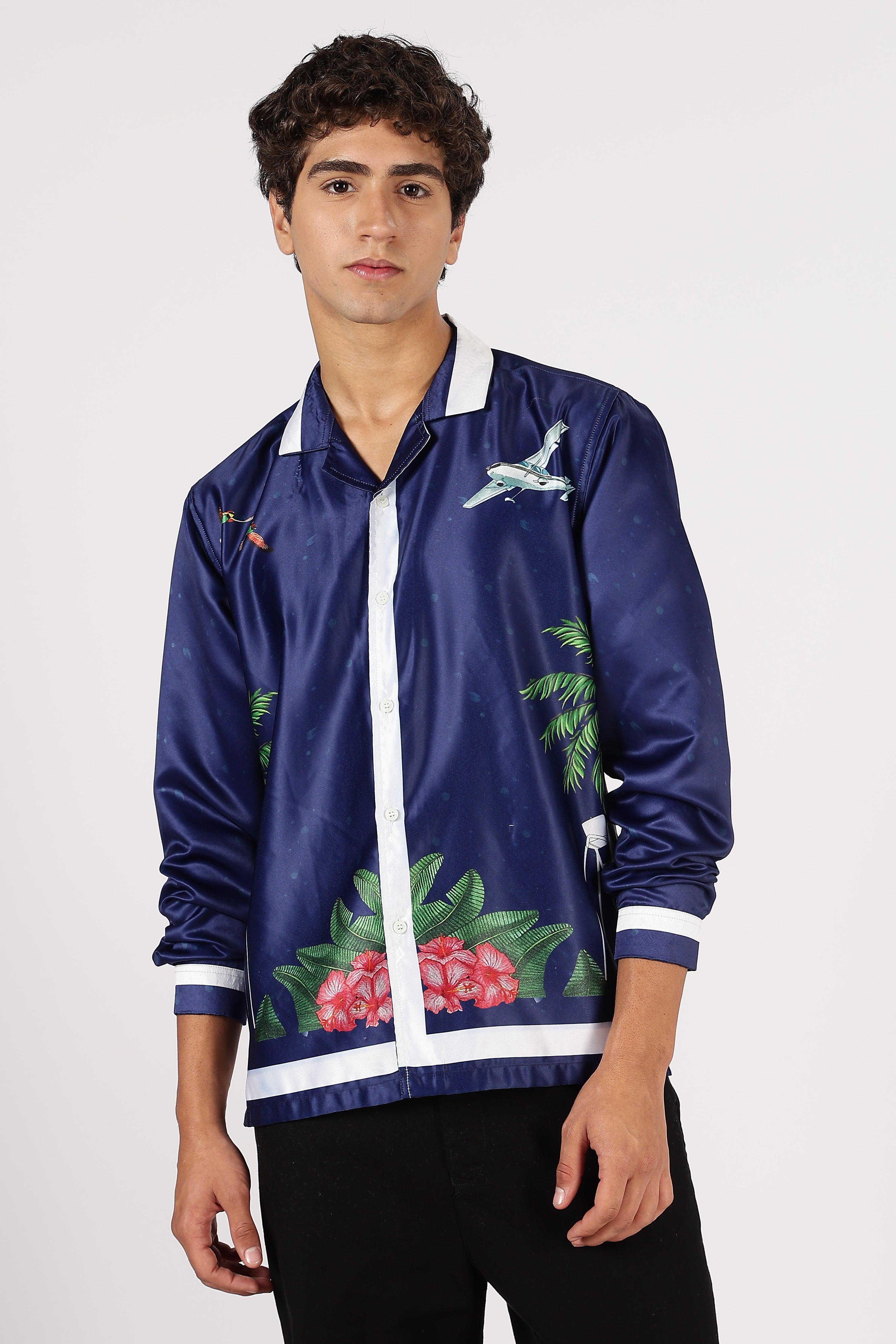 Hamptons Regatta Nights Satin Box Fit Blue Printed Shirt