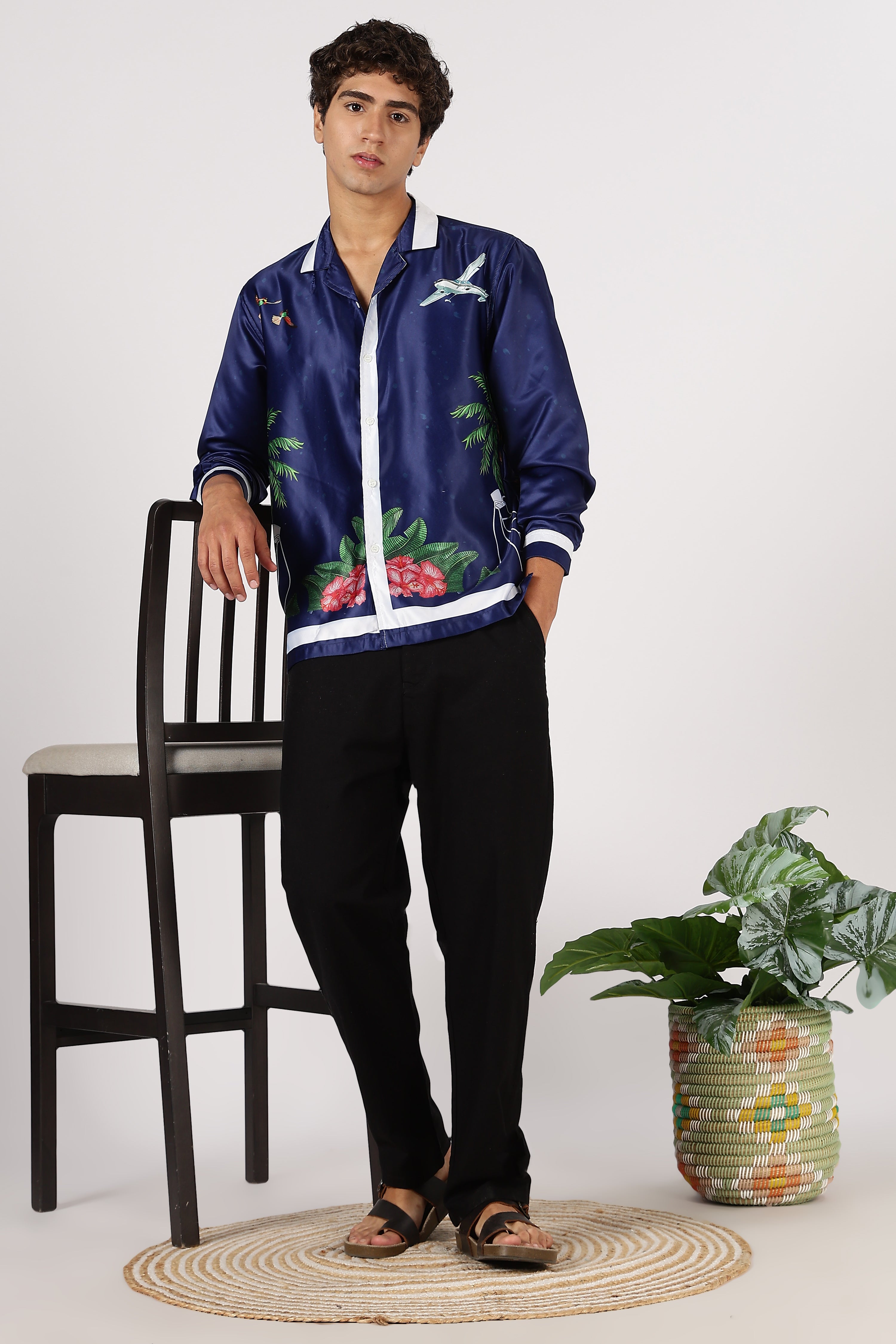 Hamptons Regatta Nights Satin Box Fit Blue Printed Shirt