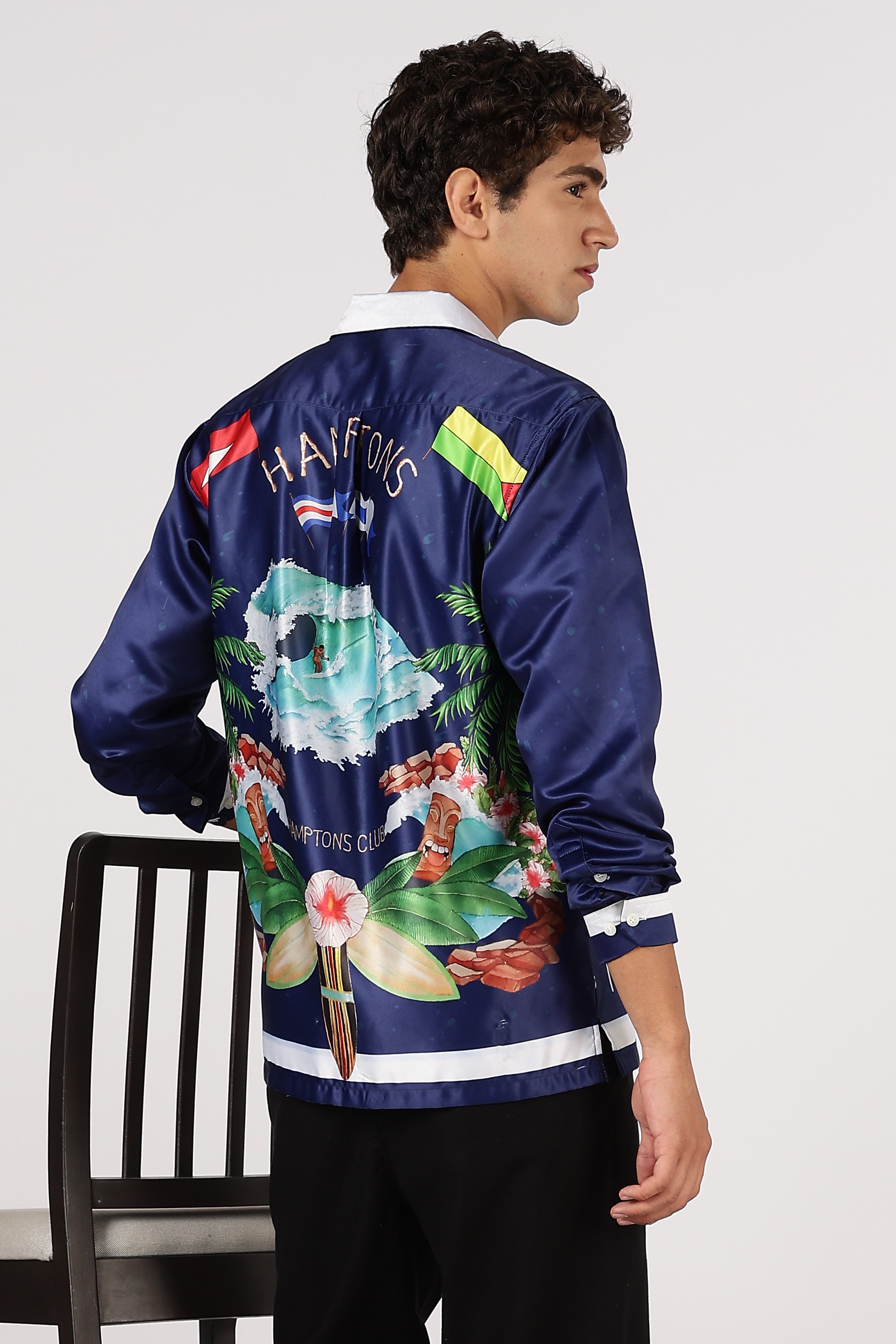Hamptons Regatta Nights Satin Box Fit Blue Printed Shirt