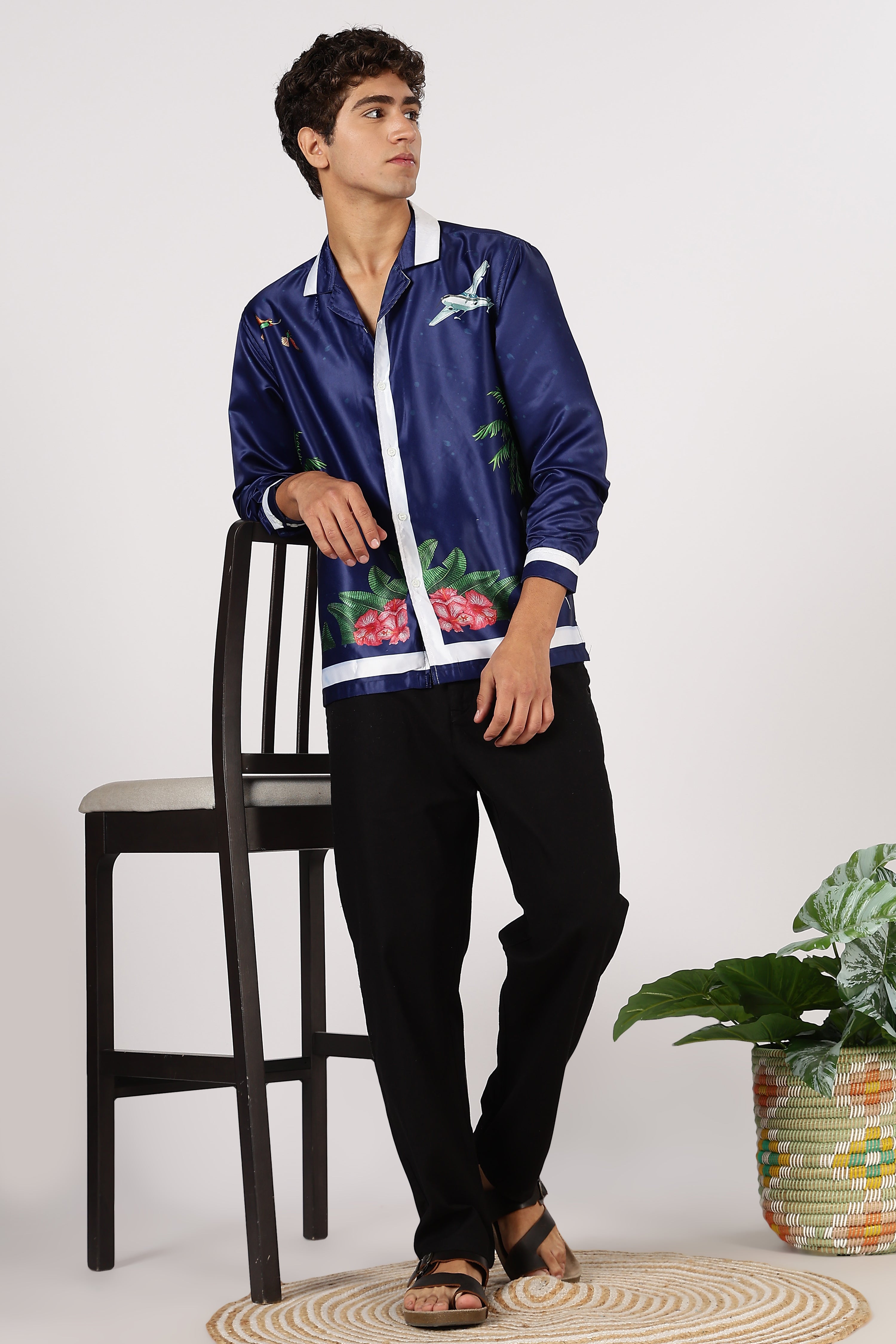 Hamptons Regatta Nights Satin Box Fit Blue Printed Shirt