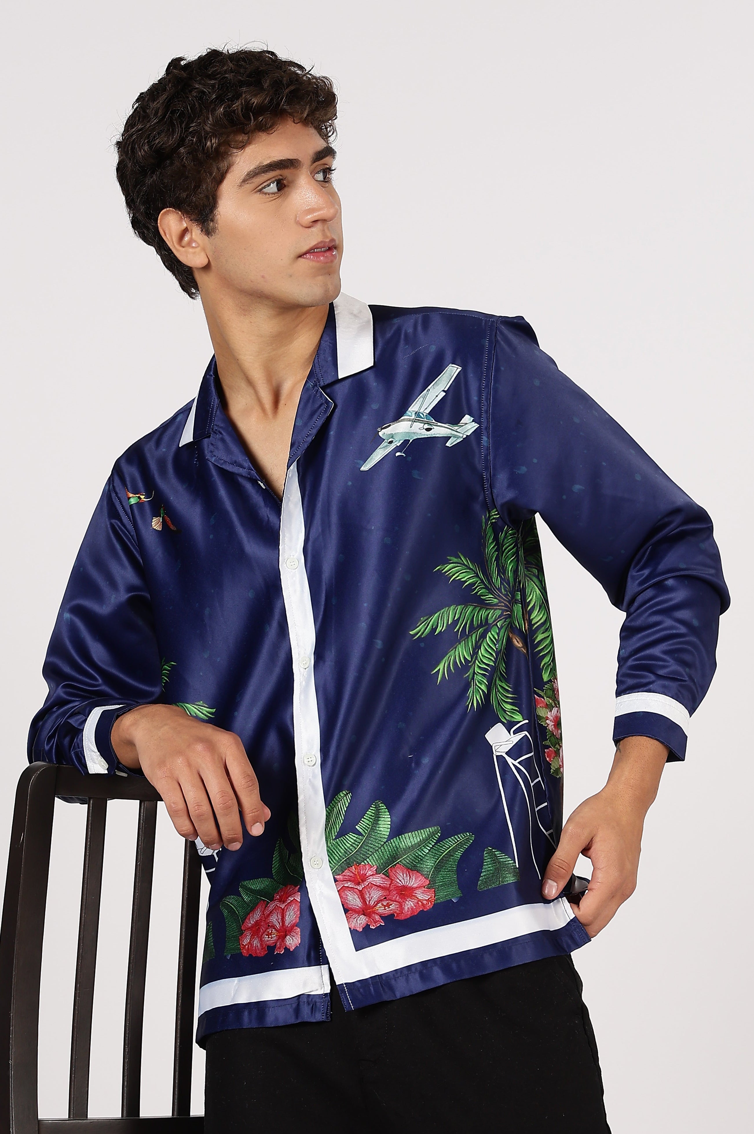 Hamptons Regatta Nights Satin Box Fit Blue Printed Shirt