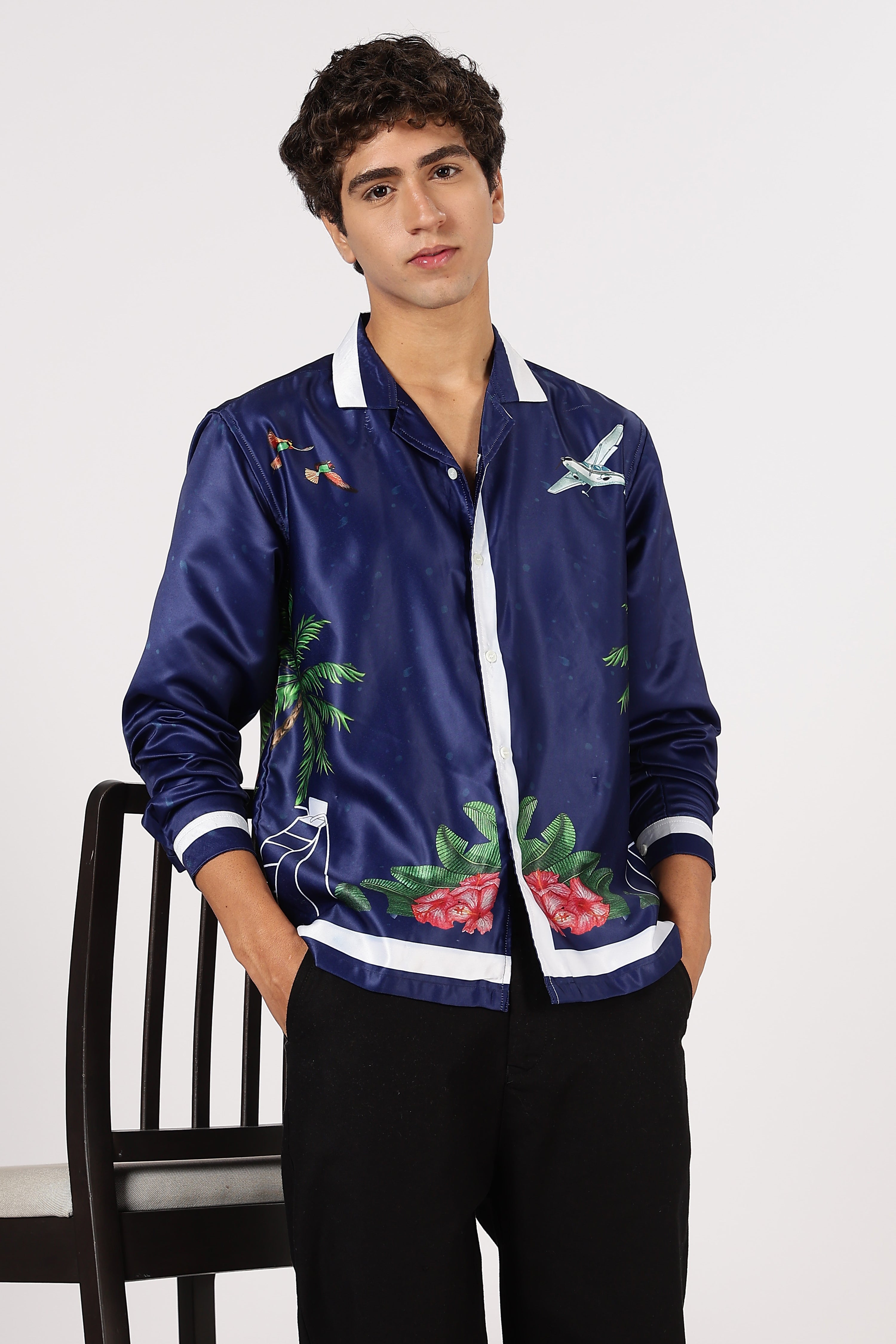 Hamptons Regatta Nights Satin Box Fit Blue Printed Shirt