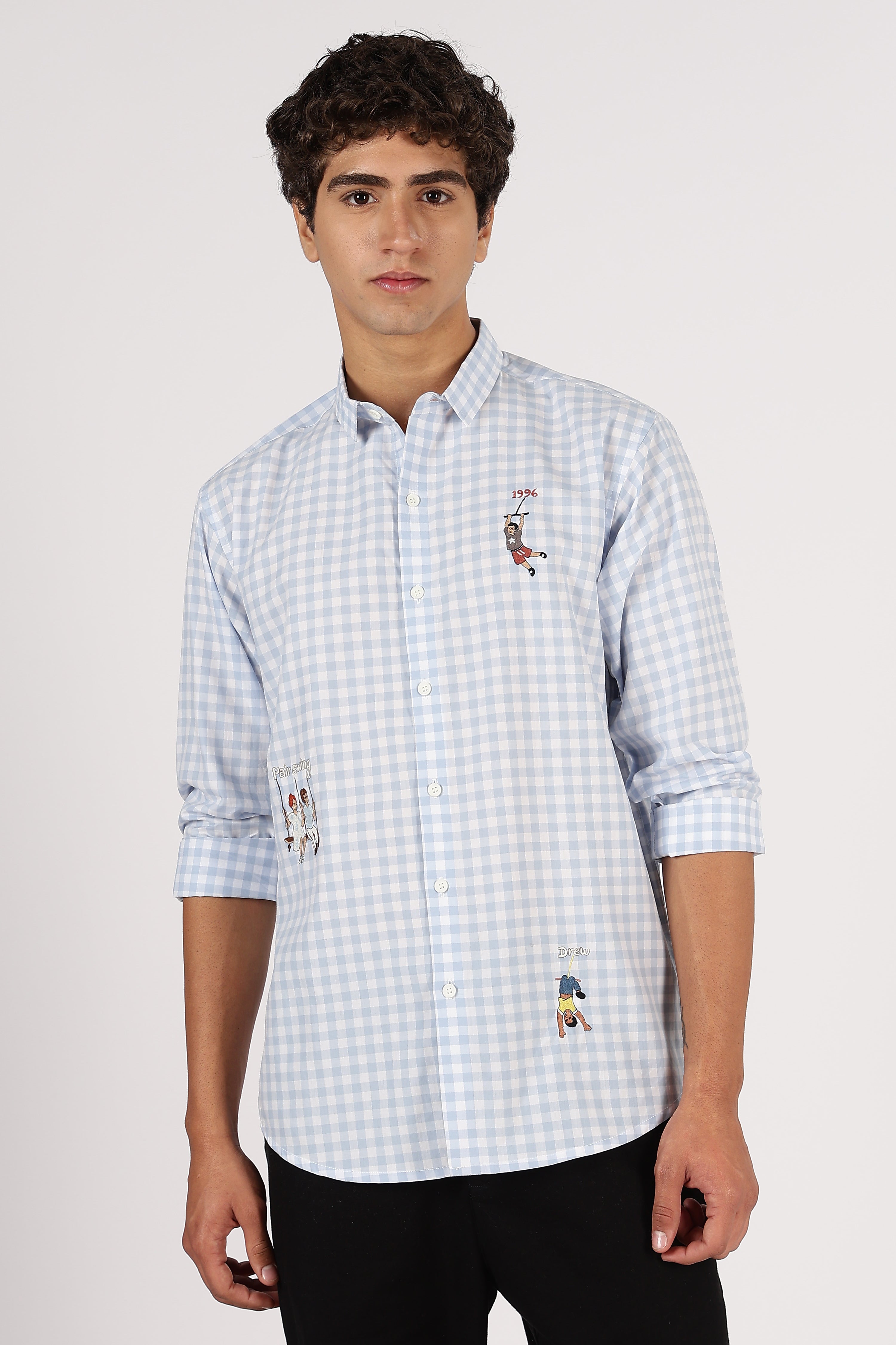 Playground Story Cotton Regular Sky Blue Pink Embroidered Shirt