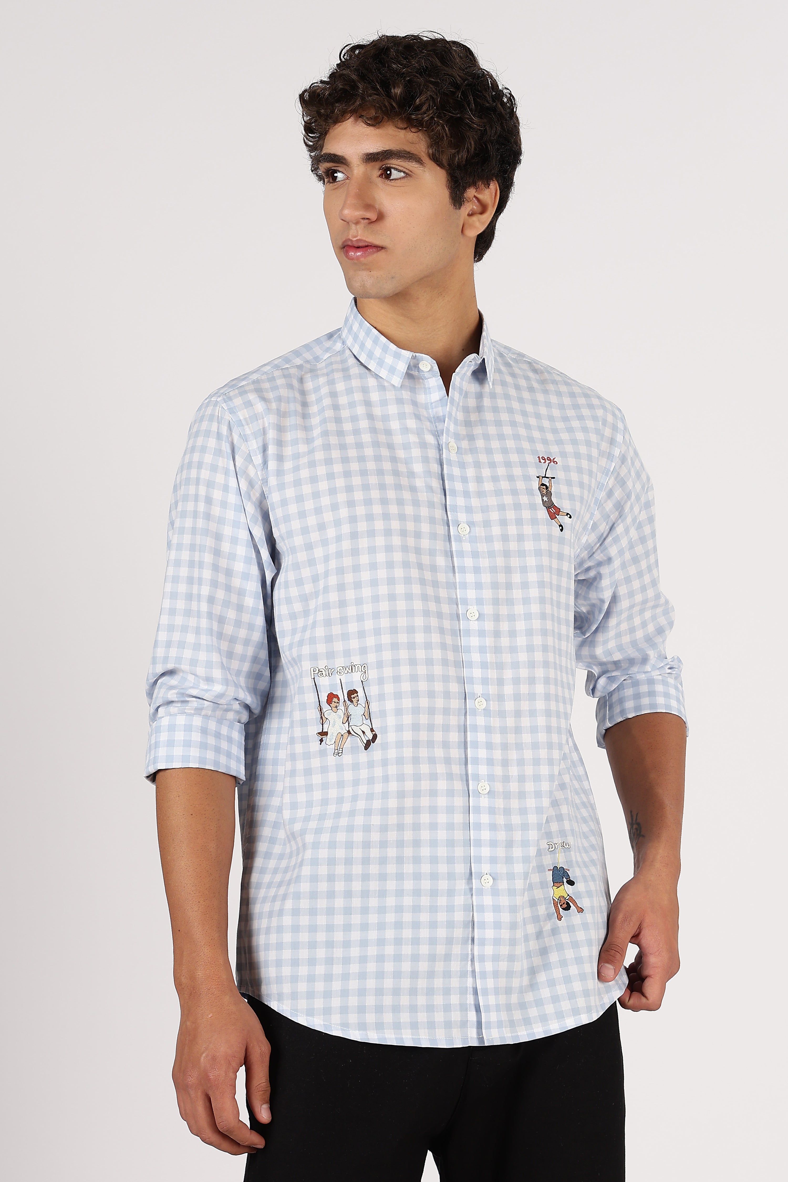 Playground Story Cotton Regular Sky Blue Pink Embroidered Shirt