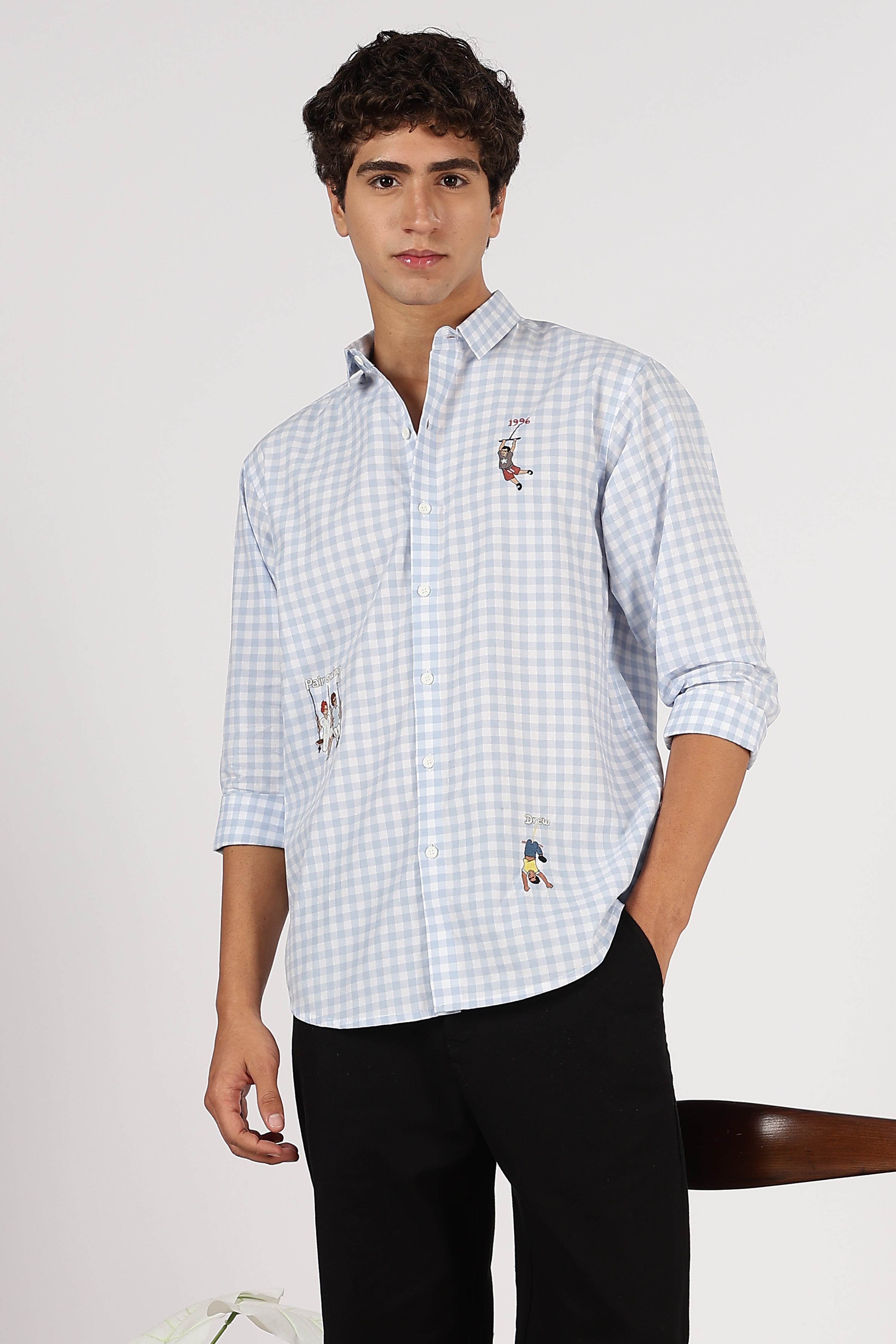 Playground Story Cotton Regular Sky Blue Pink Embroidered Shirt