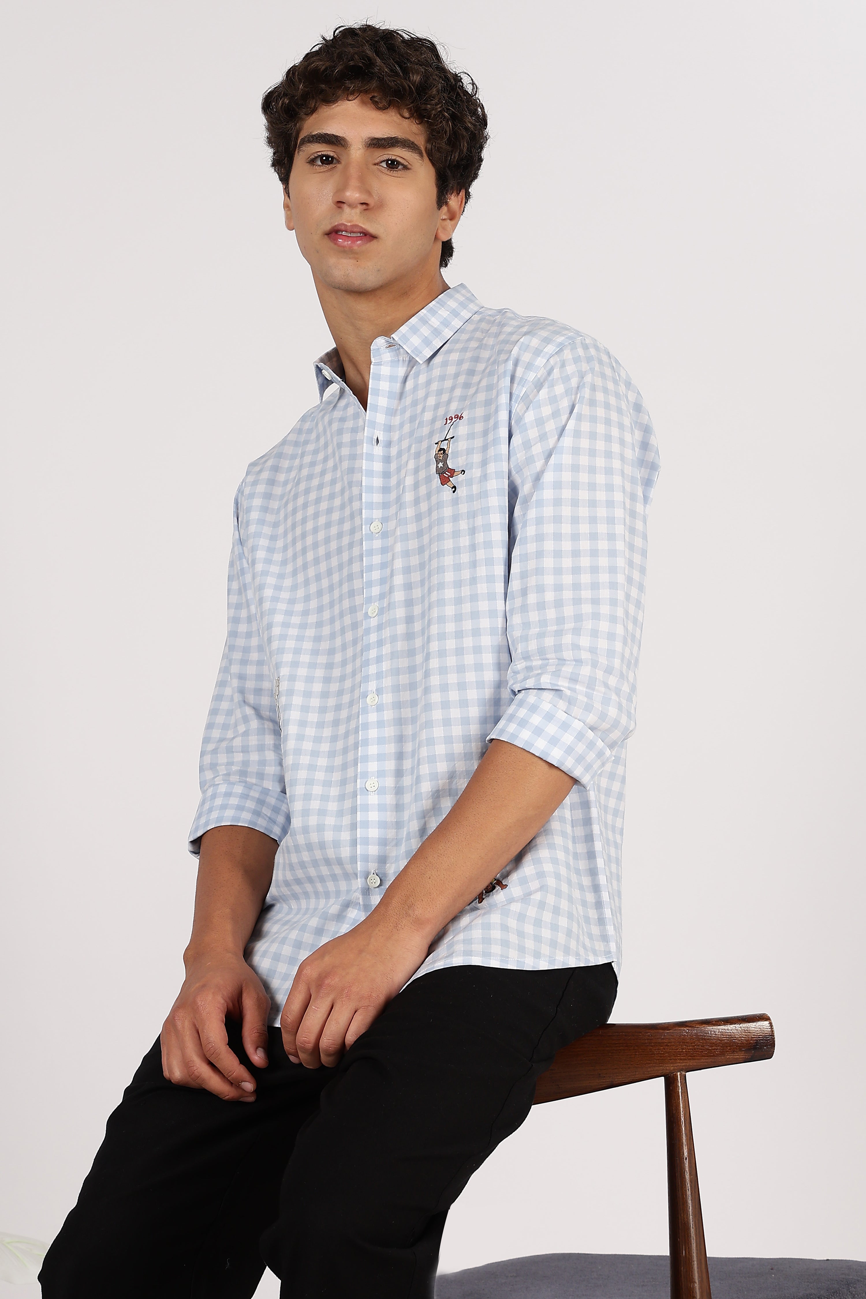 Playground Story Cotton Regular Sky Blue Pink Embroidered Shirt