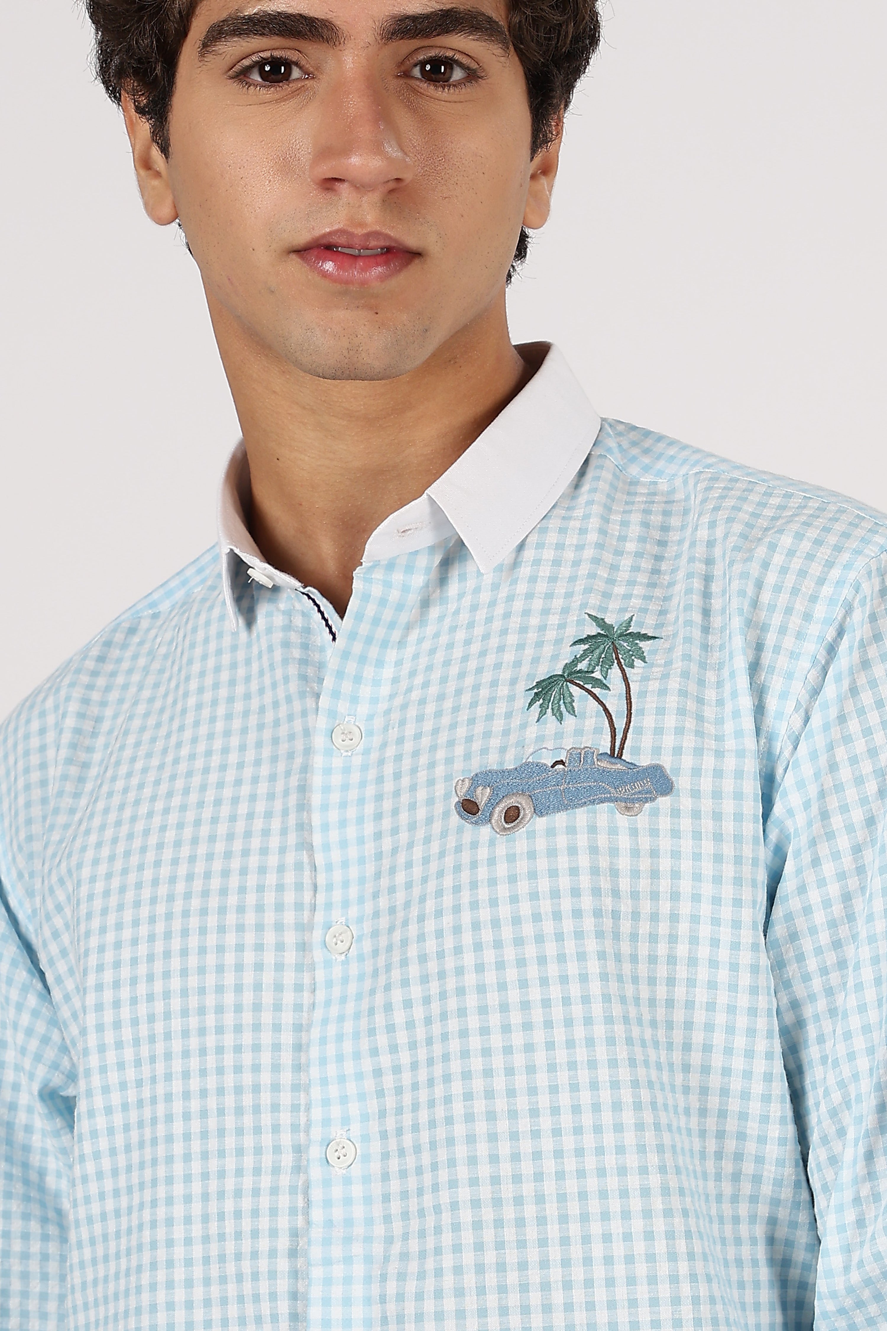 Palm Drive Cotton Regular Sky blue Embroidered Shirt