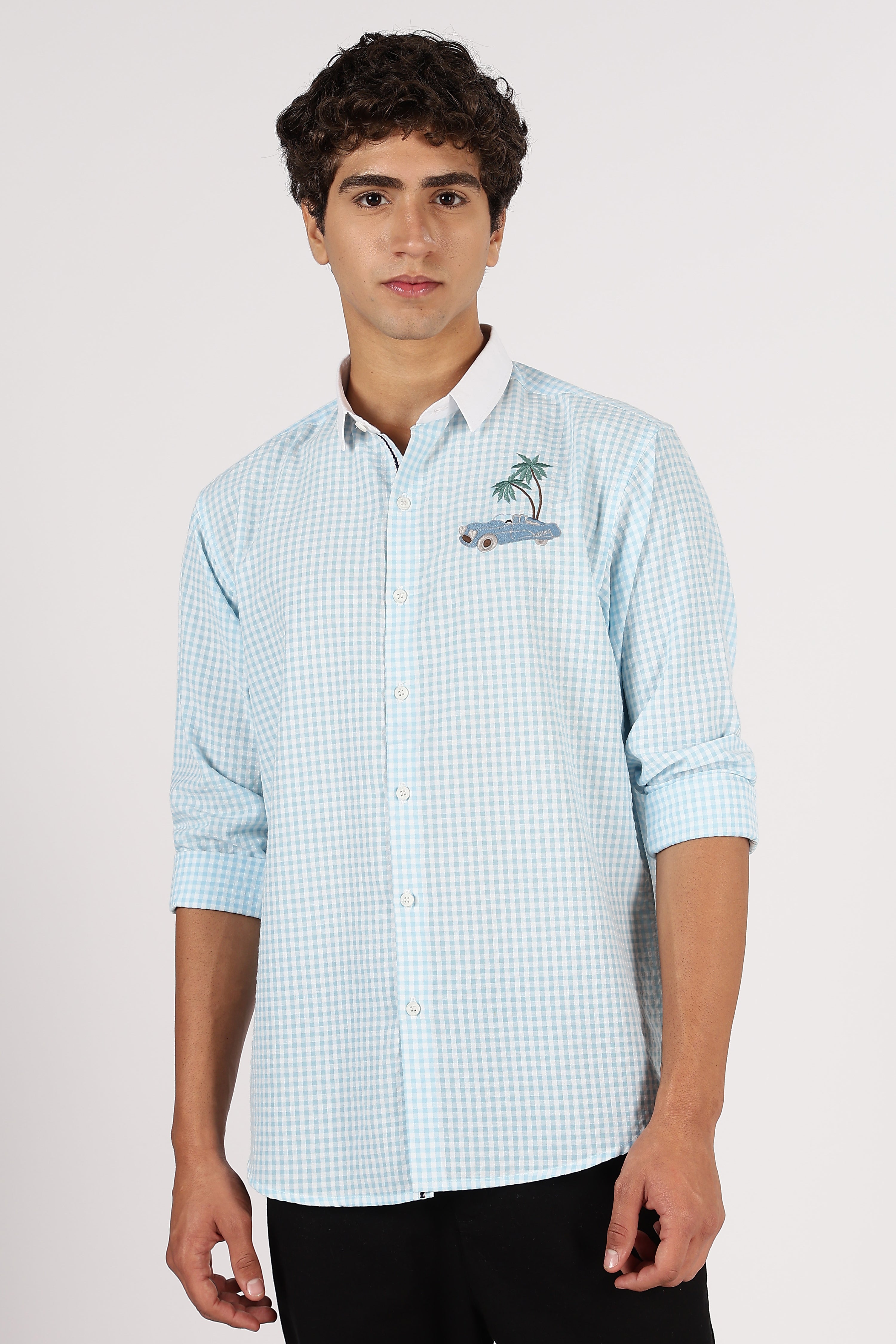 Palm Drive Cotton Regular Sky blue Embroidered Shirt