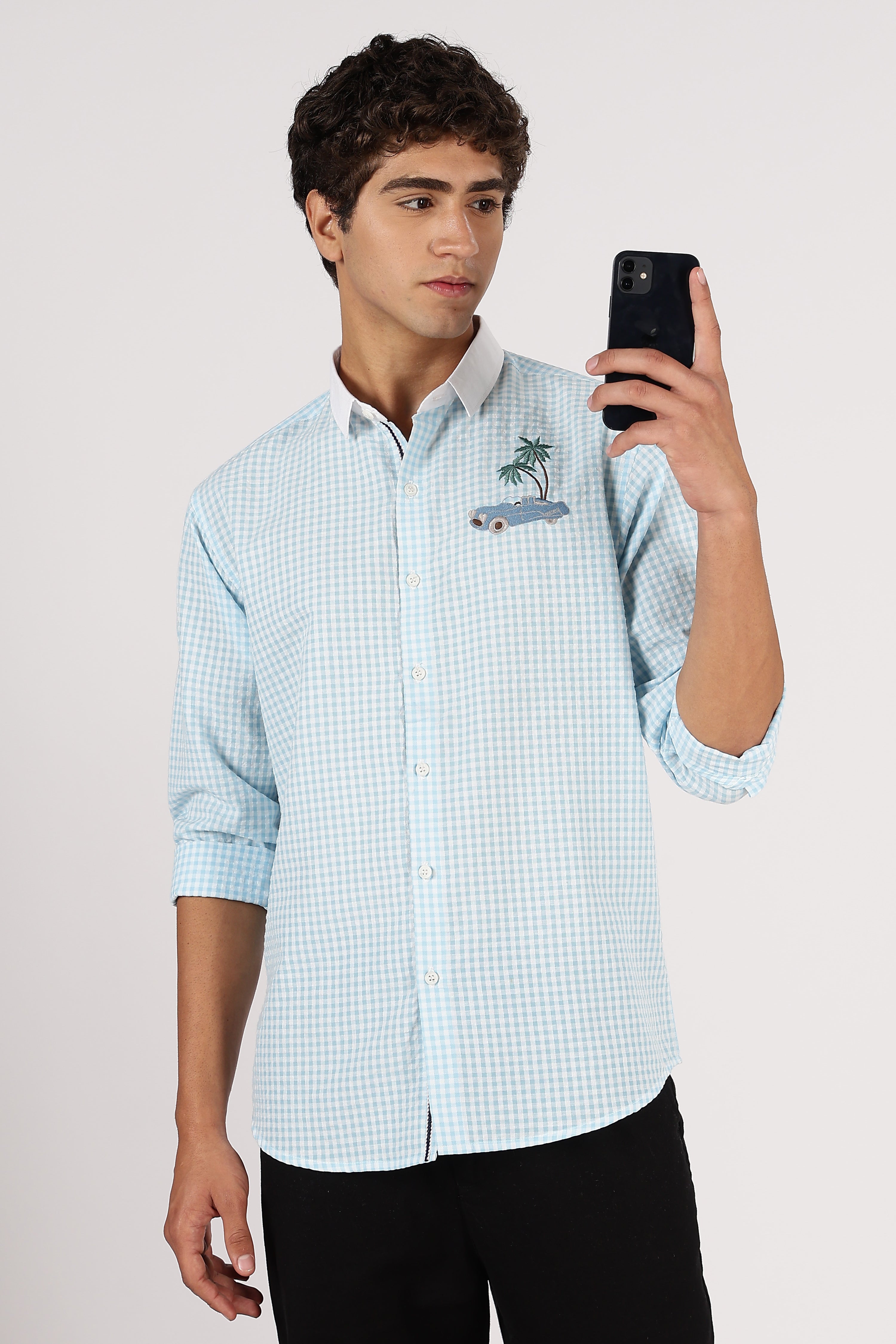 Palm Drive Cotton Regular Sky blue Embroidered Shirt
