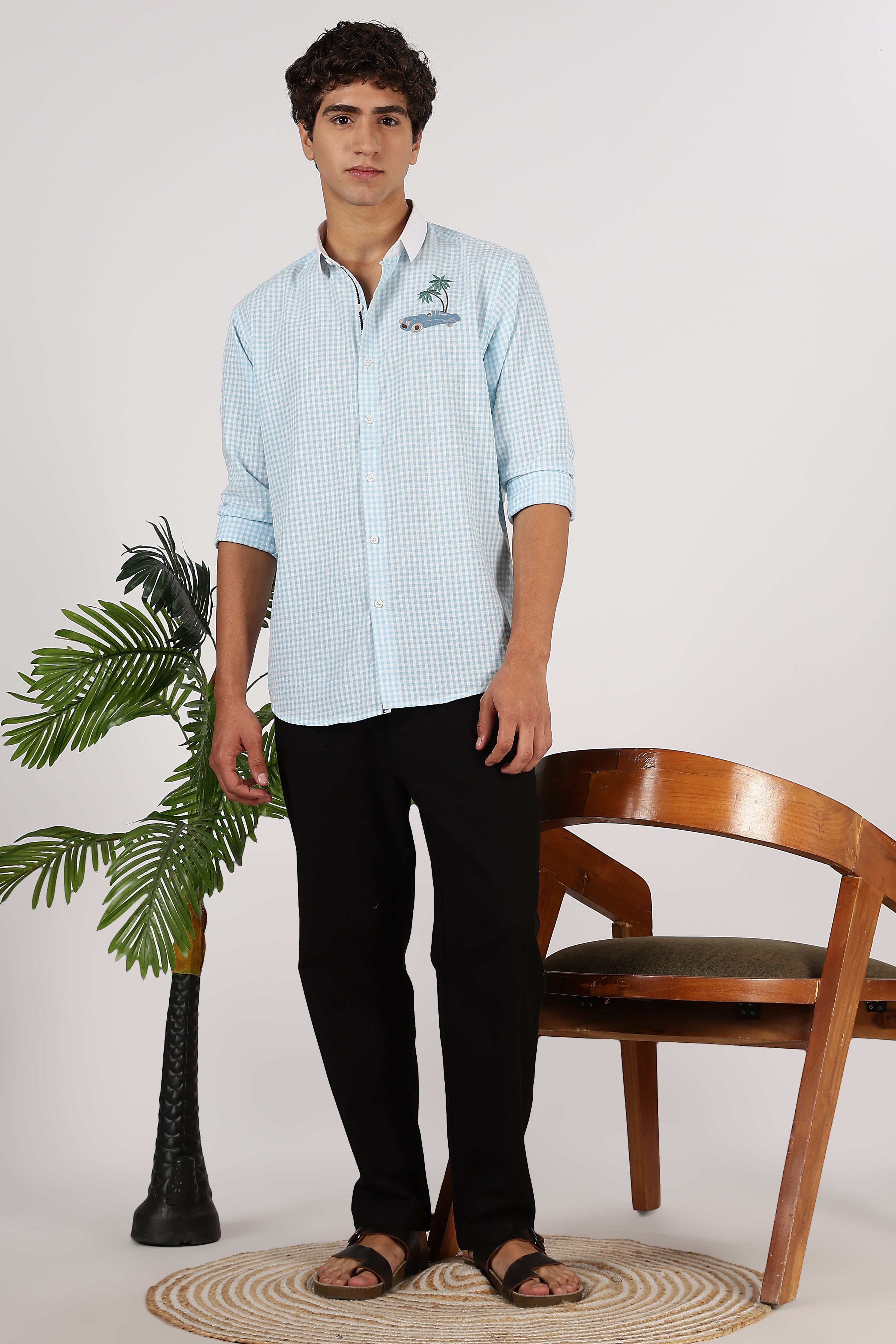 Palm Drive Cotton Regular Sky blue Embroidered Shirt