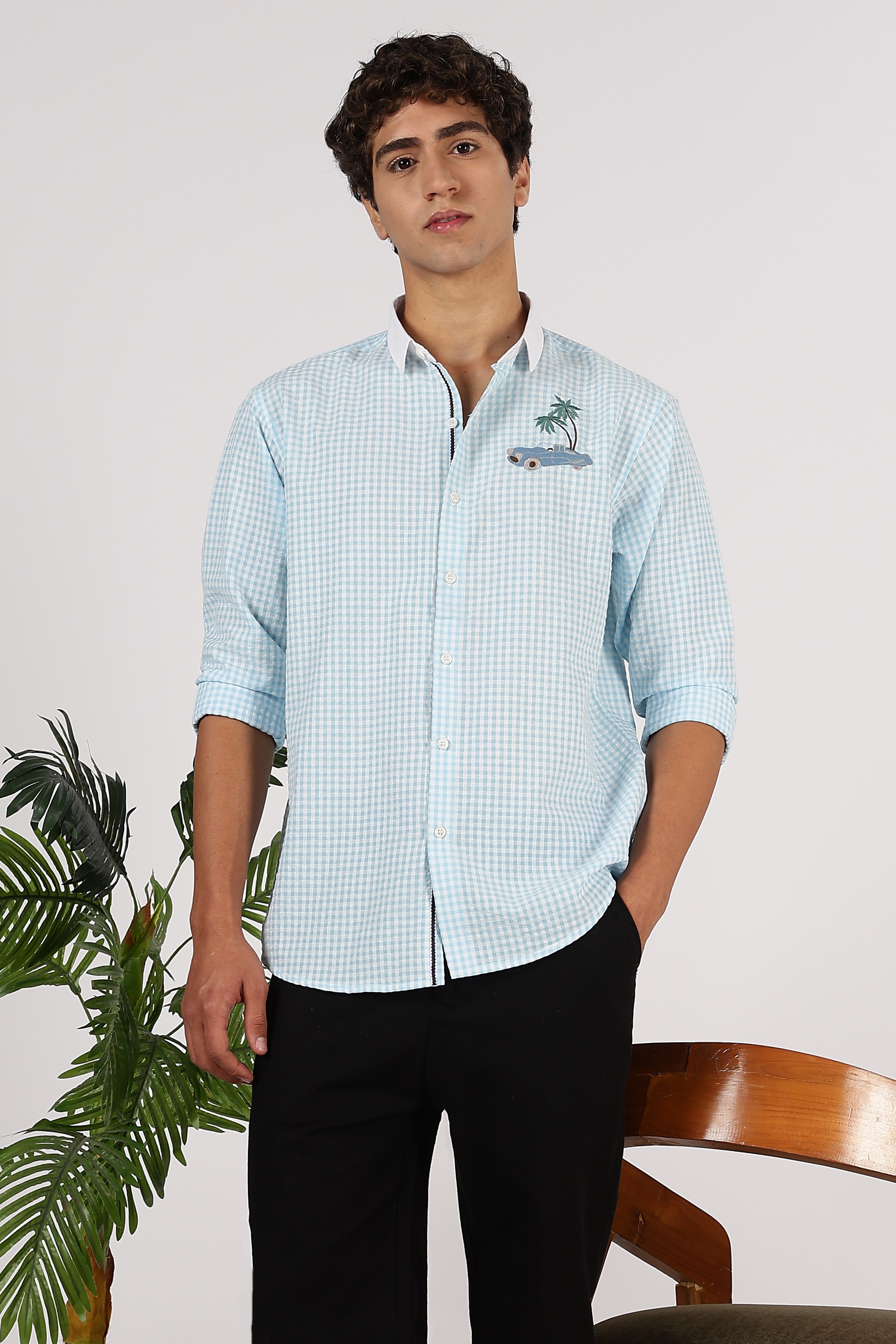 Palm Drive Cotton Regular Sky blue Embroidered Shirt