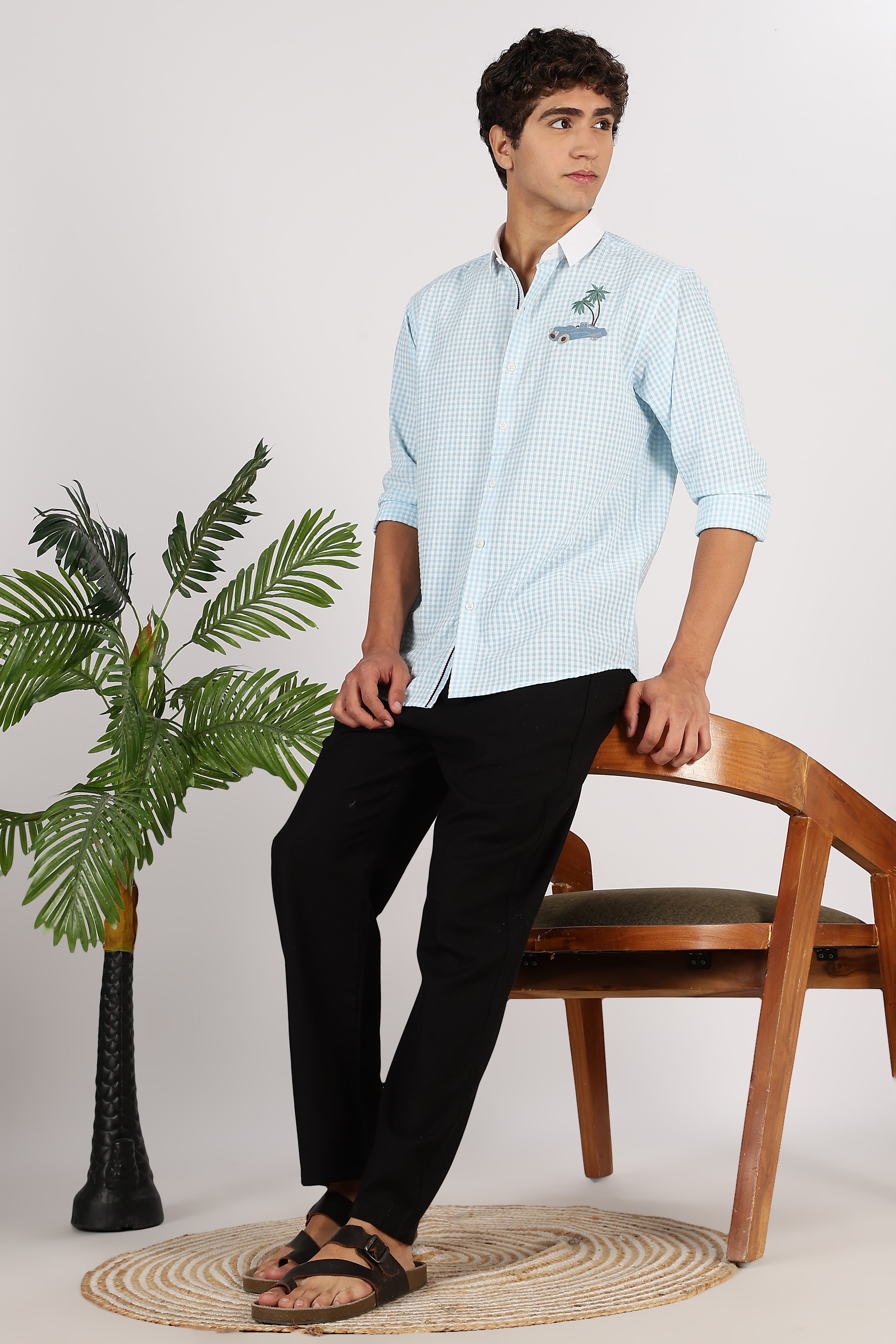 Palm Drive Cotton Regular Sky blue Embroidered Shirt
