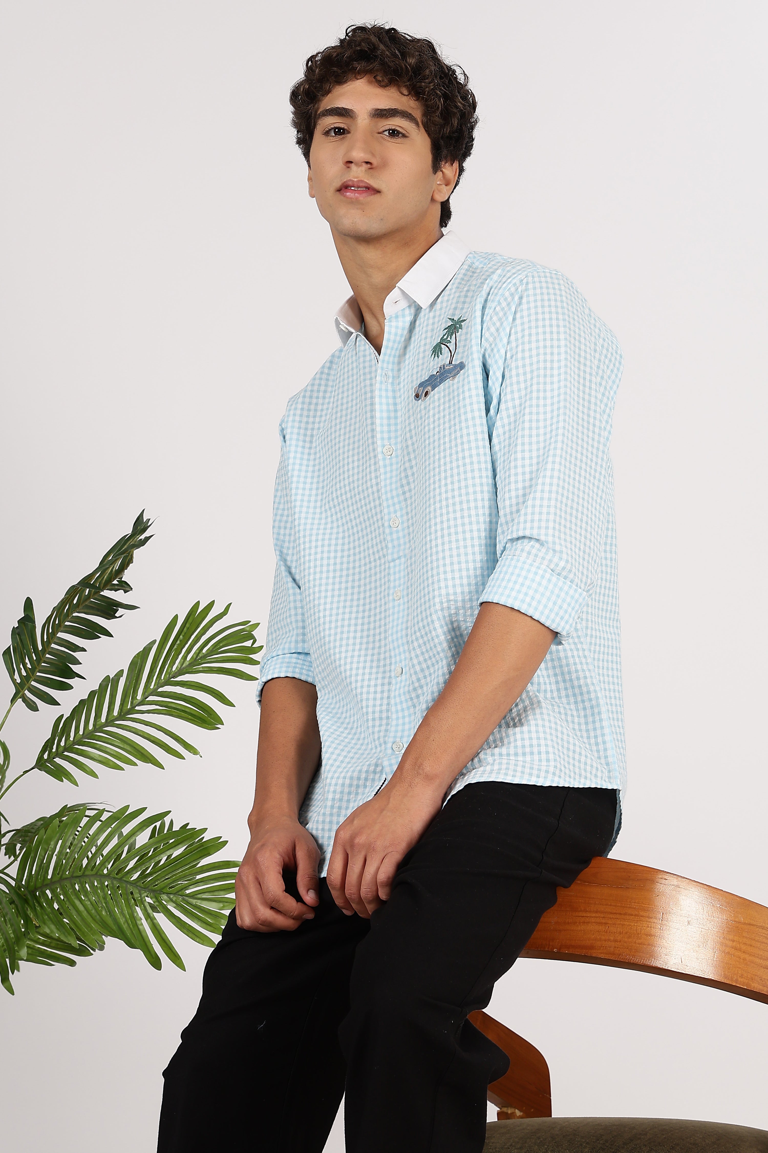 Palm Drive Cotton Regular Sky blue Embroidered Shirt
