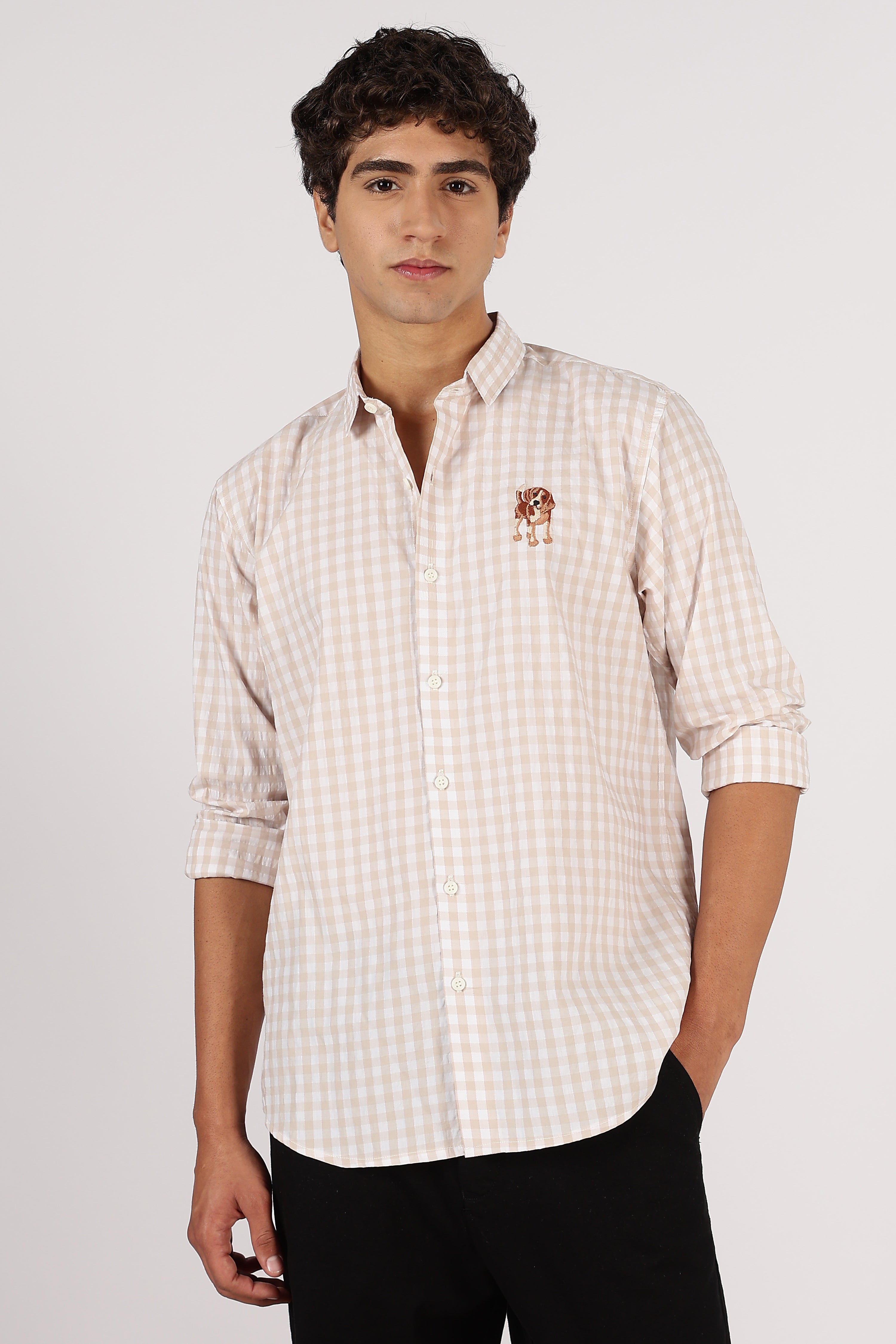 Beagle Puppy Cotton Regular Brown Embroidered Shirt