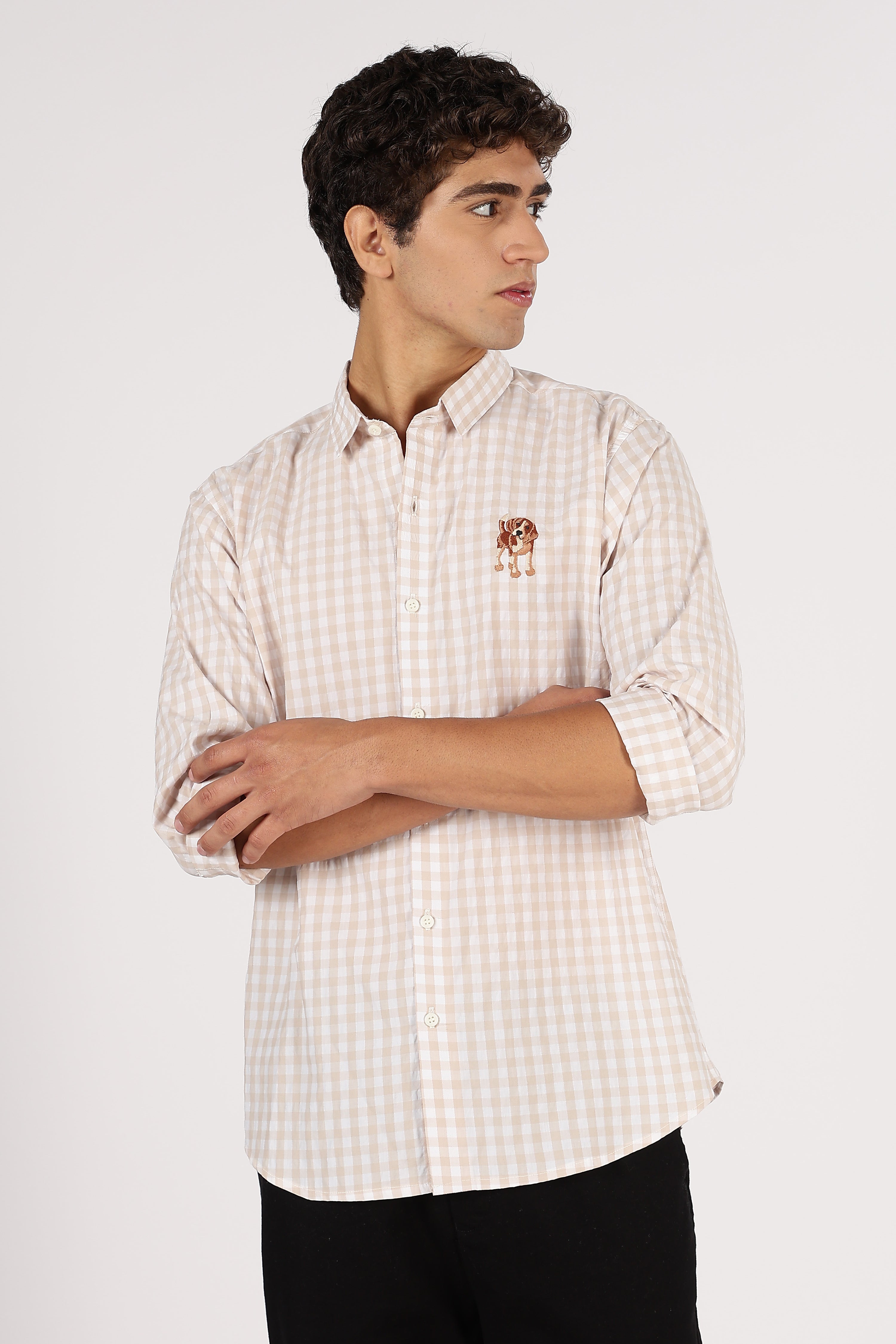 Beagle Puppy Cotton Regular Brown Embroidered Shirt