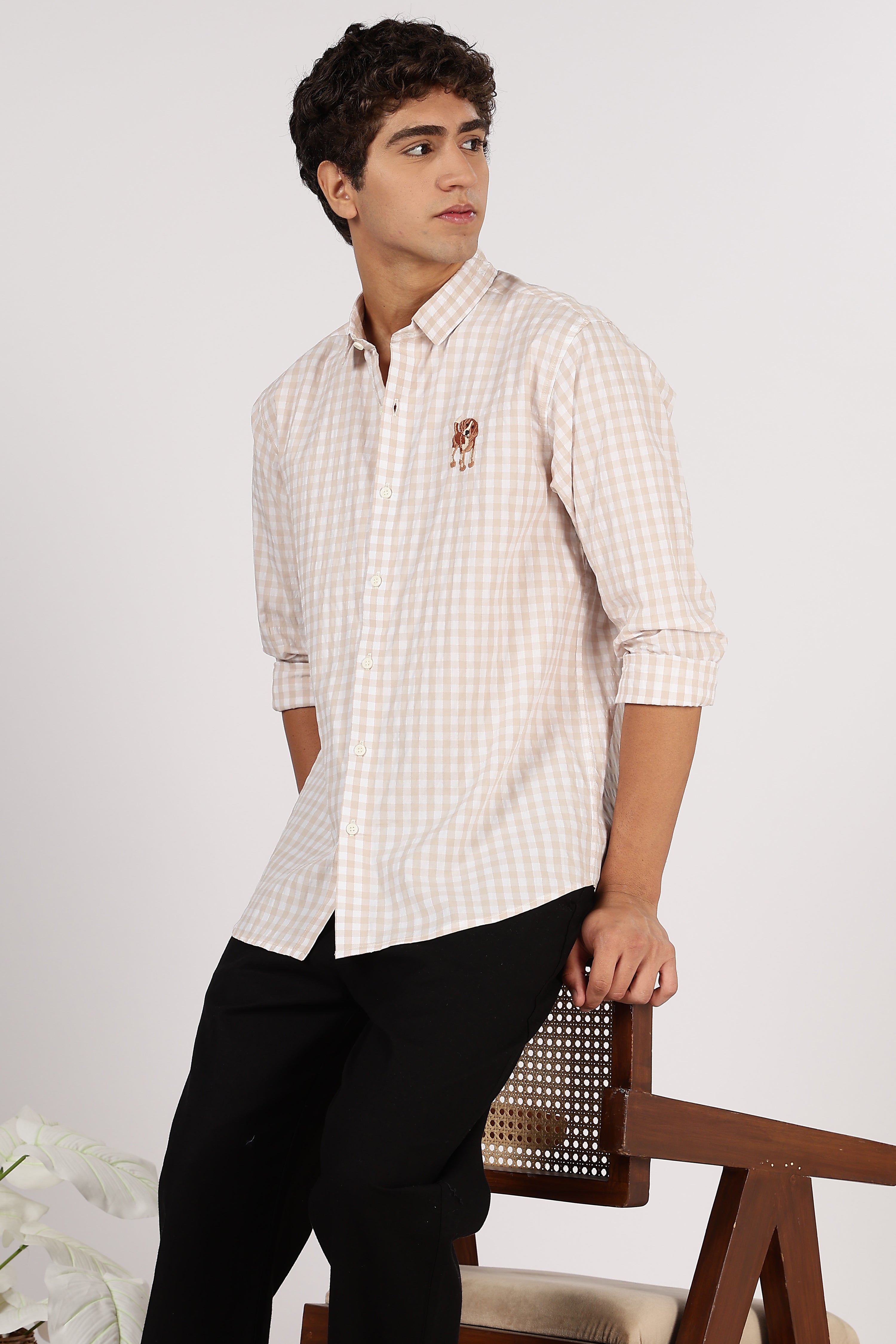 Beagle Puppy Cotton Regular Brown Embroidered Shirt