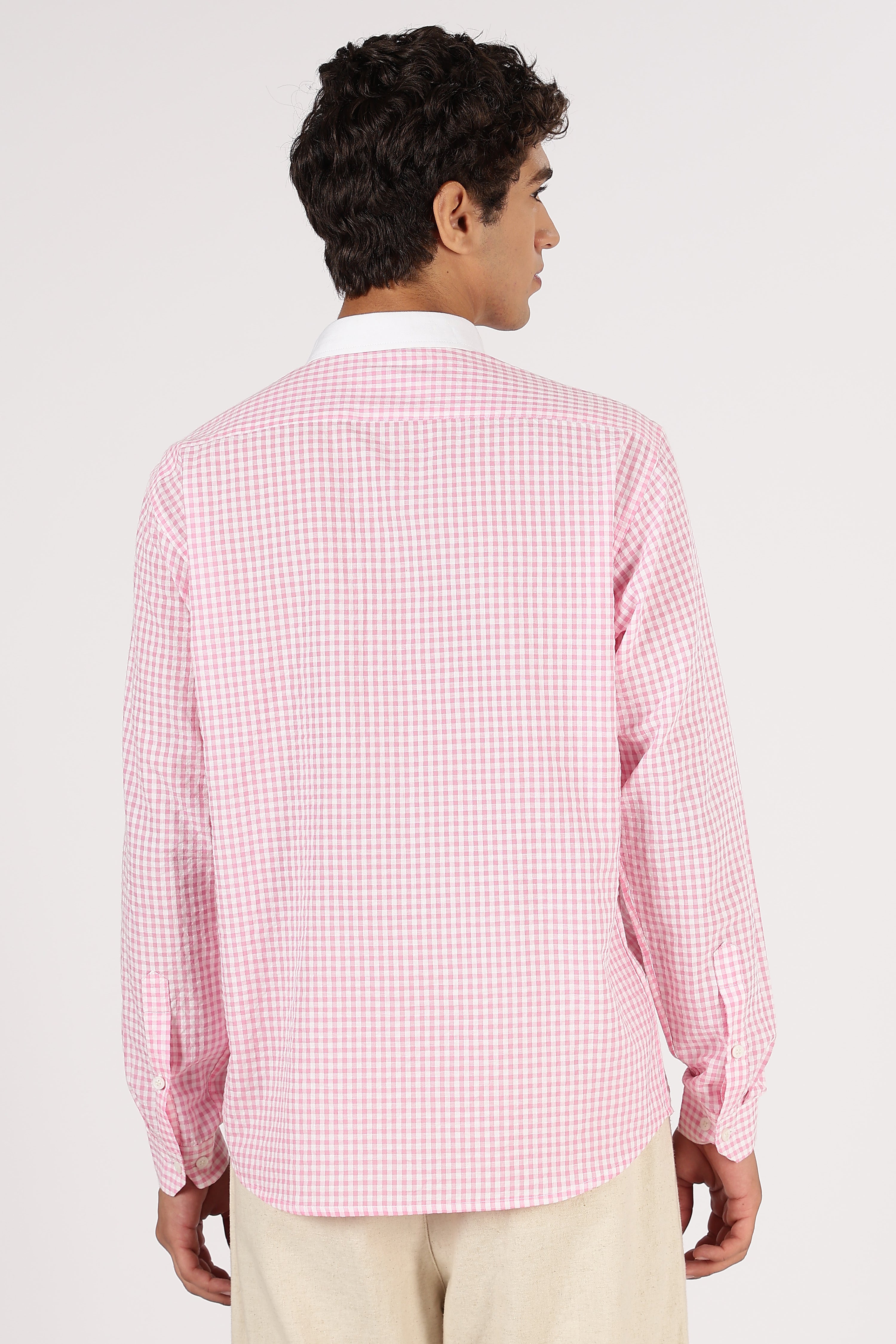 Mini Gingham Cotton Regular Fit Pink Embroidered Shirt