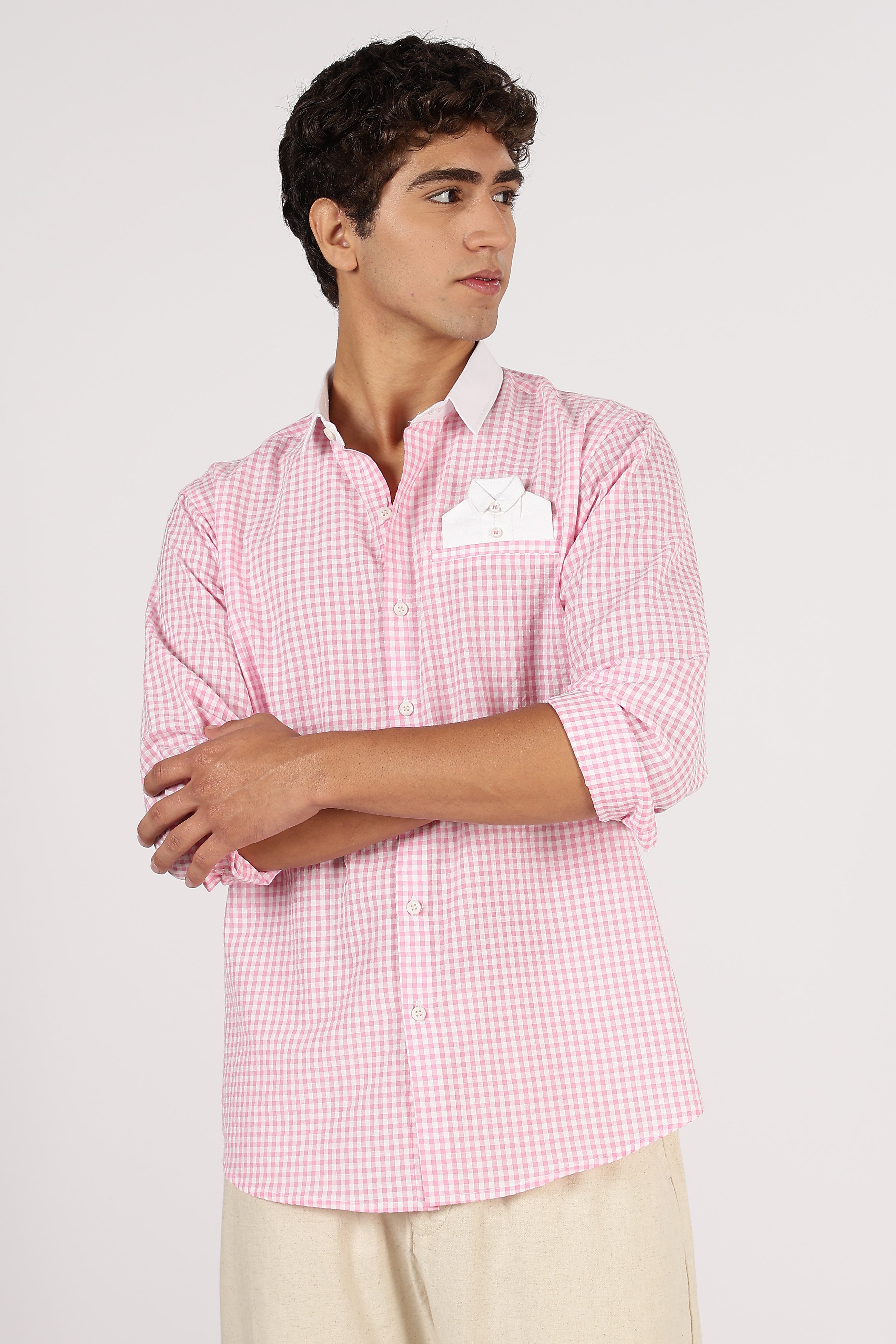 Mini Gingham Cotton Regular Fit Pink Embroidered Shirt