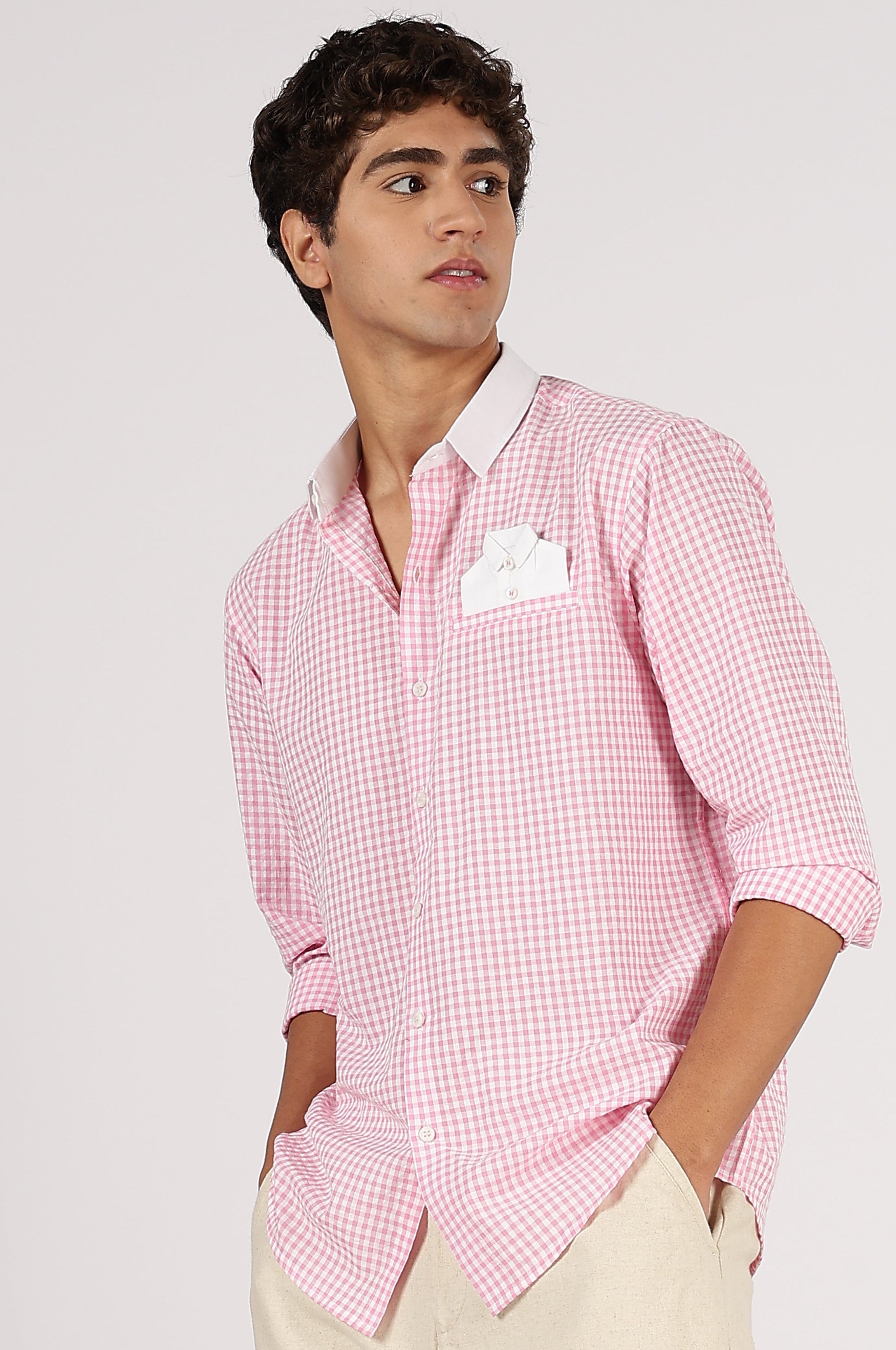 Mini Gingham Cotton Regular Fit Pink Embroidered Shirt