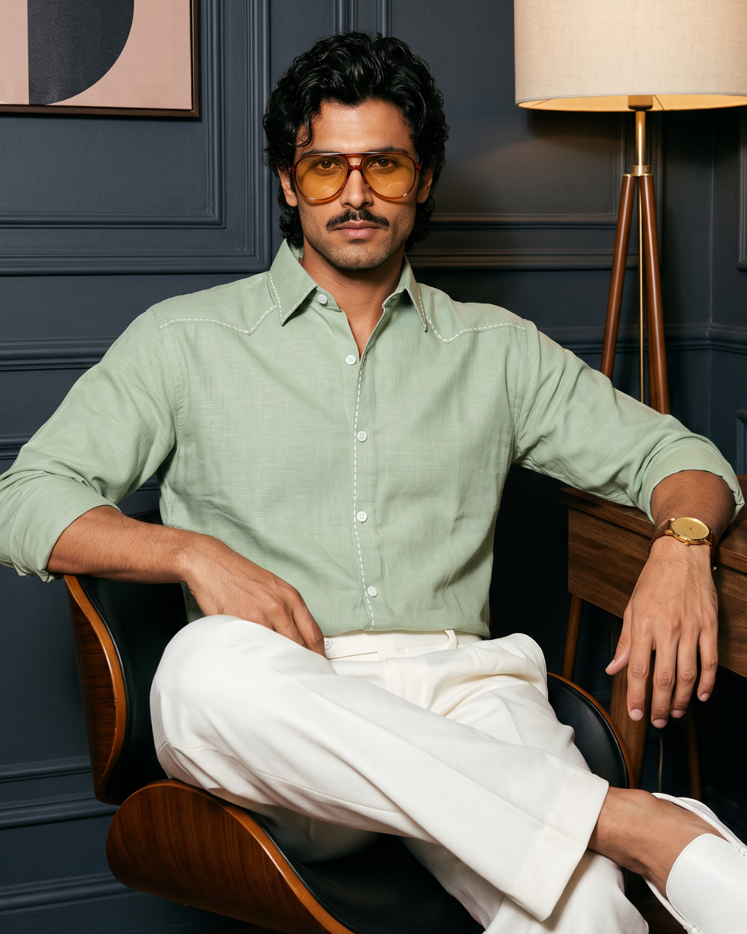 Saddle Stitch Sage Green- Chawal Takka Stitch Spread Collar Shirt