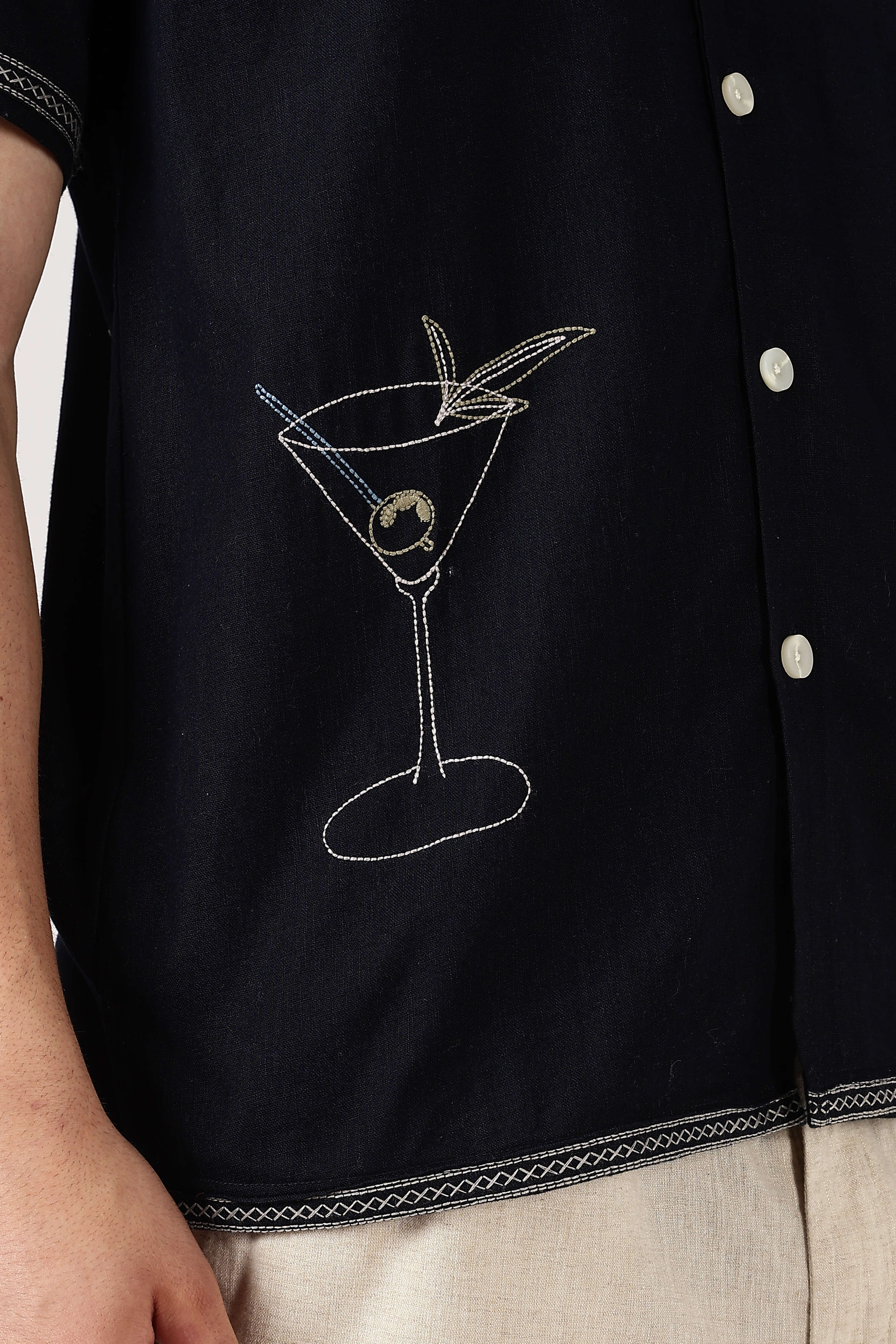 Olive Branch Cotton Box Fit Blue Embroidered Shirt