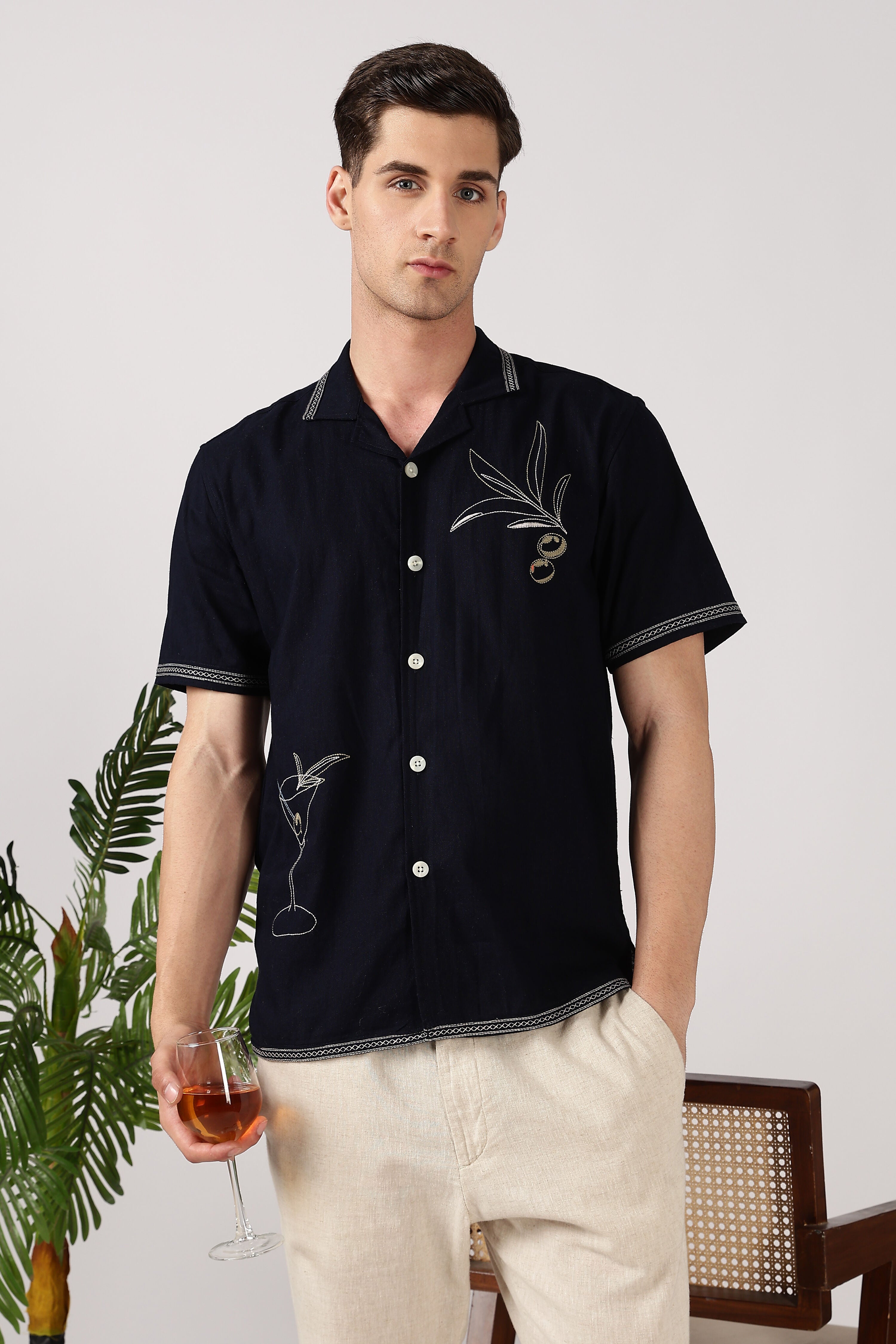 Olive Branch Cotton Box Fit Blue Embroidered Shirt