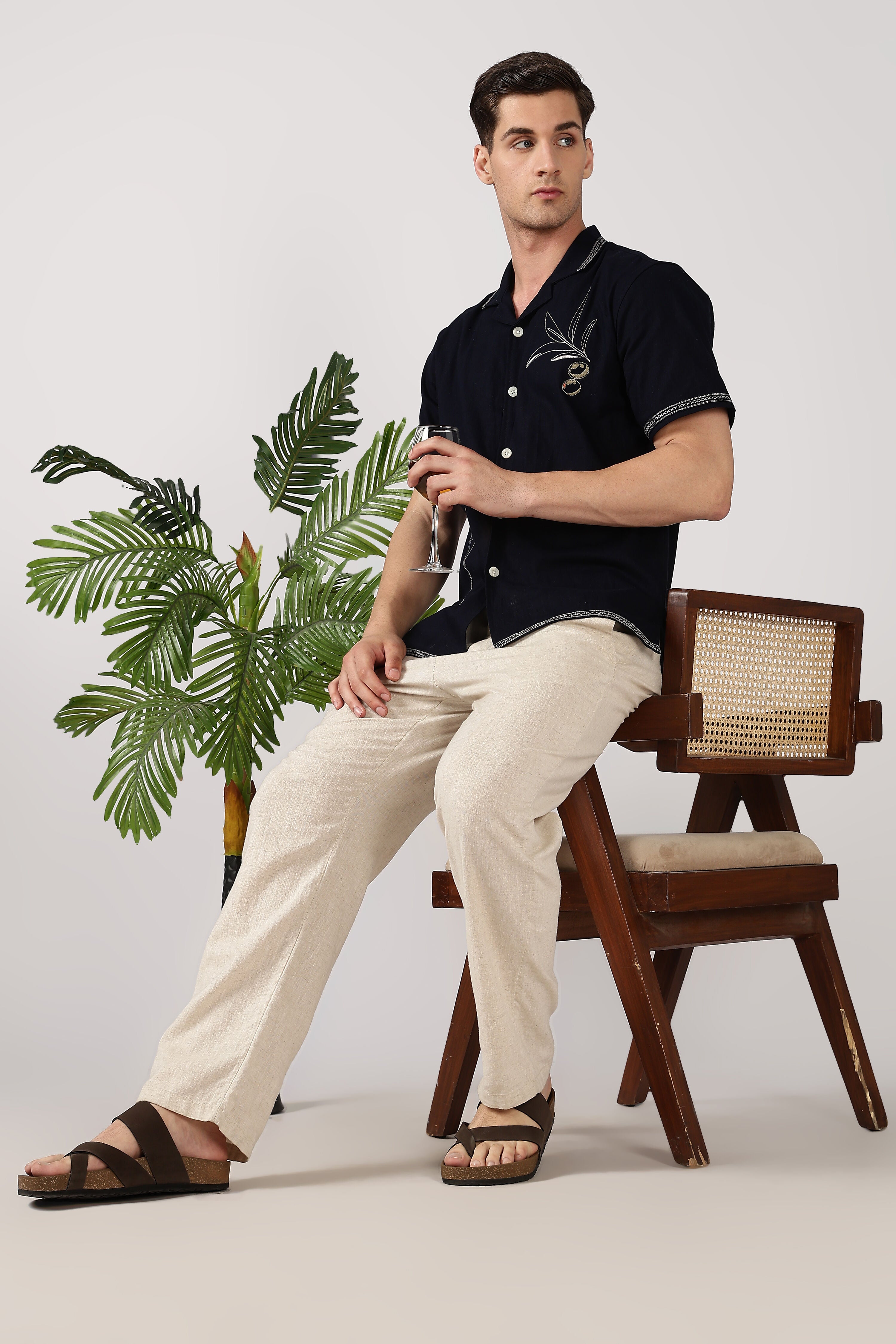 Olive Branch Cotton Box Fit Blue Embroidered Shirt