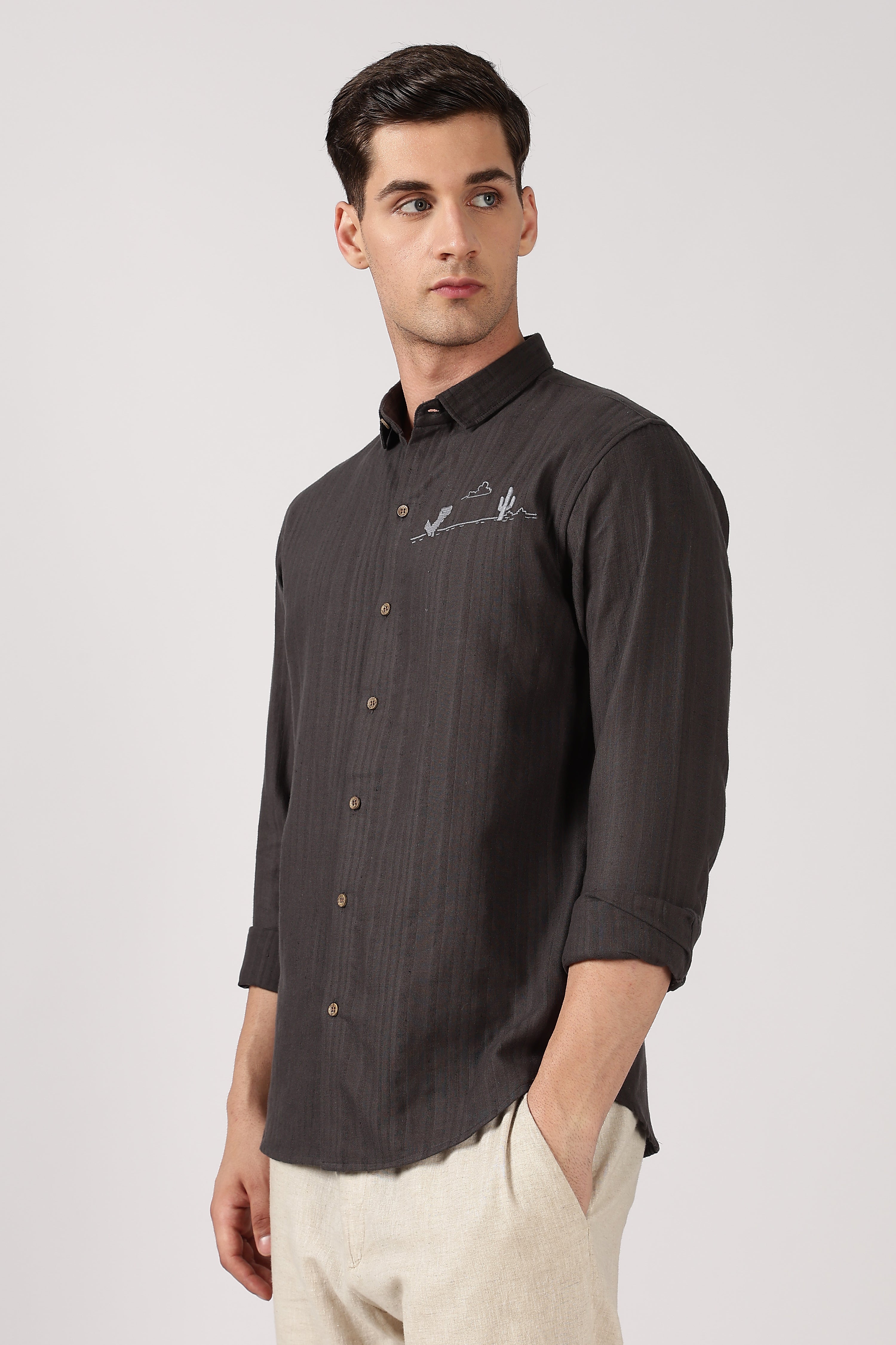 Desert Horizon Cotton Regular Fit Black Striped Shirt