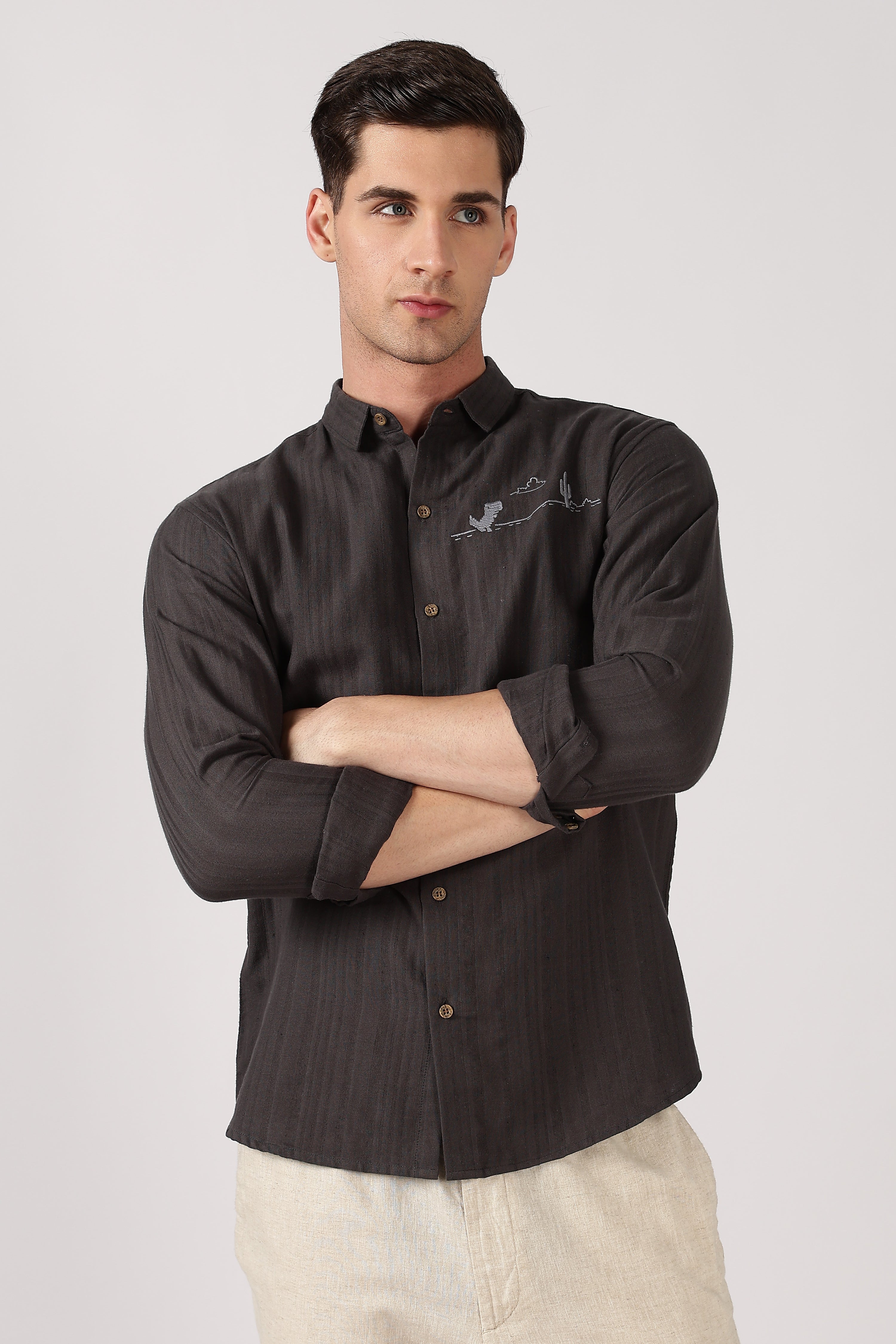 Desert Horizon Cotton Regular Fit Black Striped Shirt