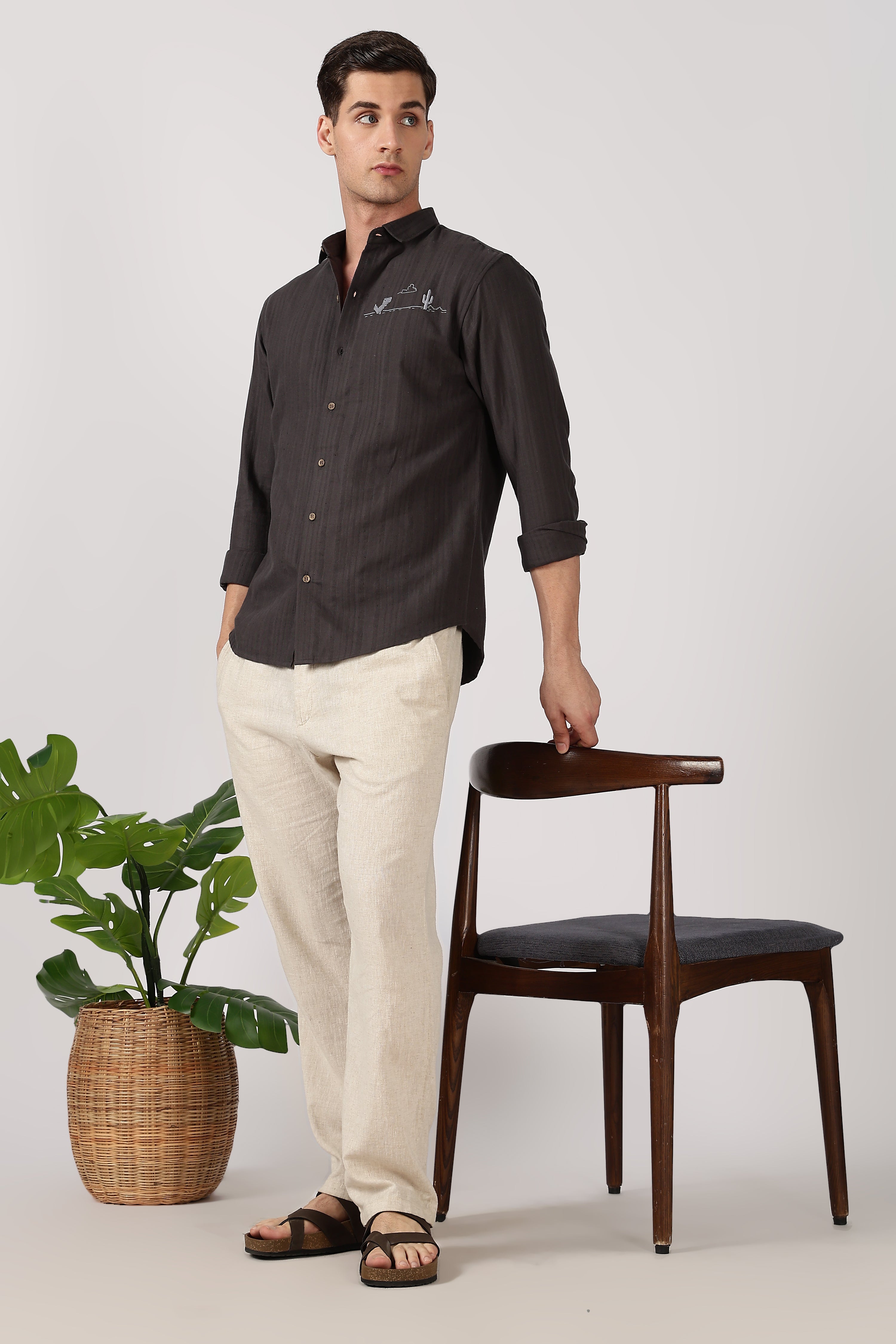 Desert Horizon Cotton Regular Fit Black Striped Shirt