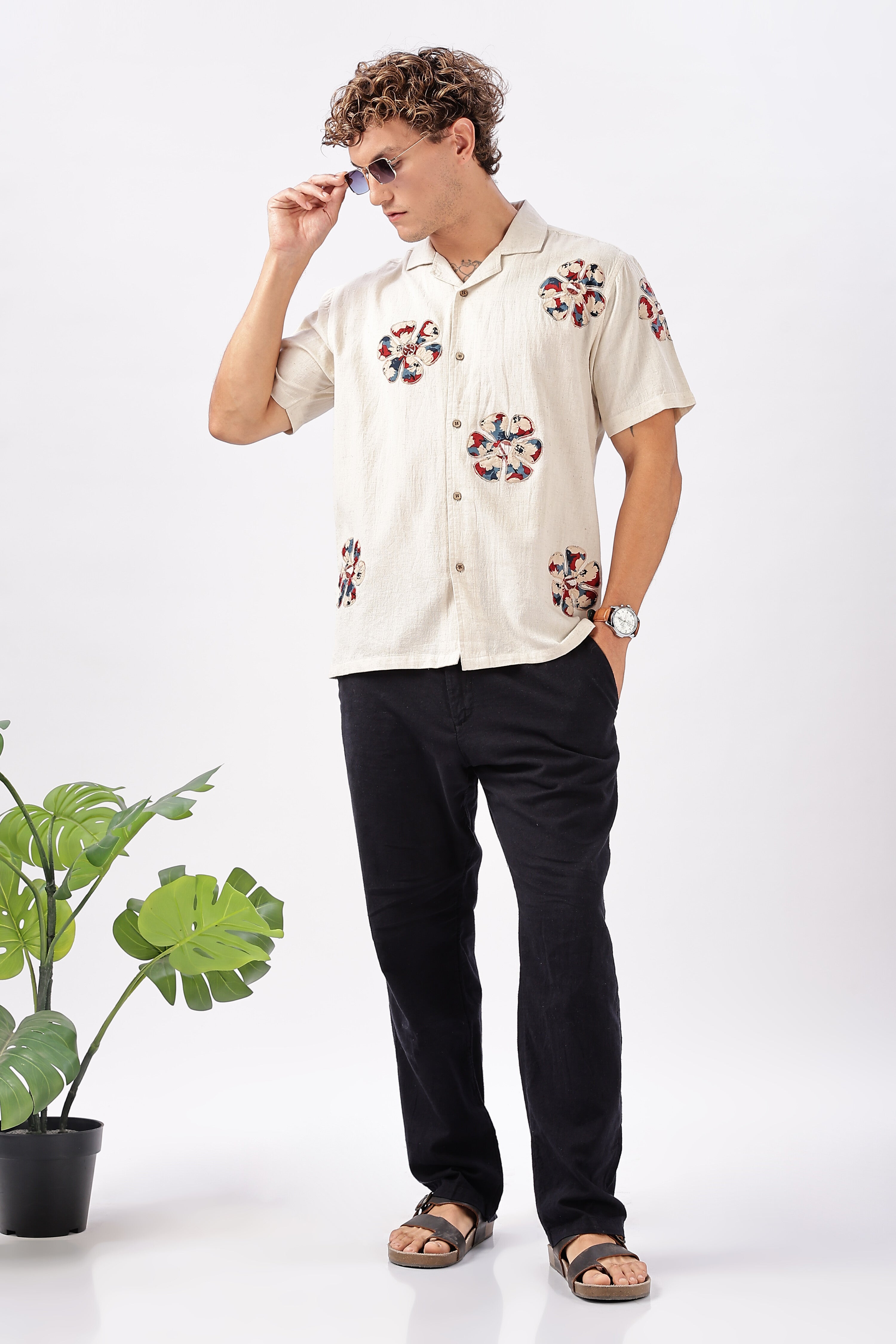 Retro Bloom Cotton Box Fit Beige Printed Shirt