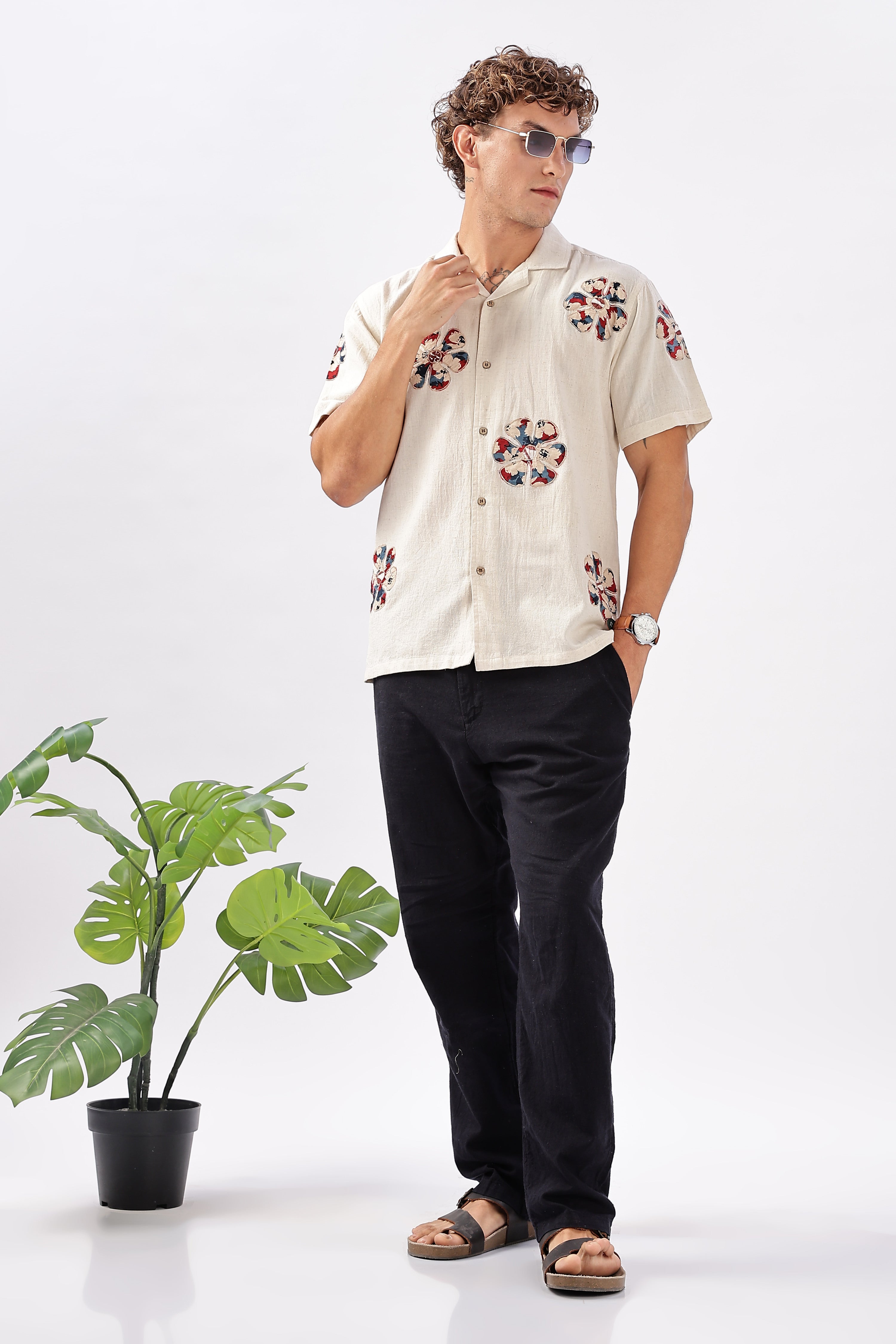 Retro Bloom Cotton Box Fit Beige Printed Shirt