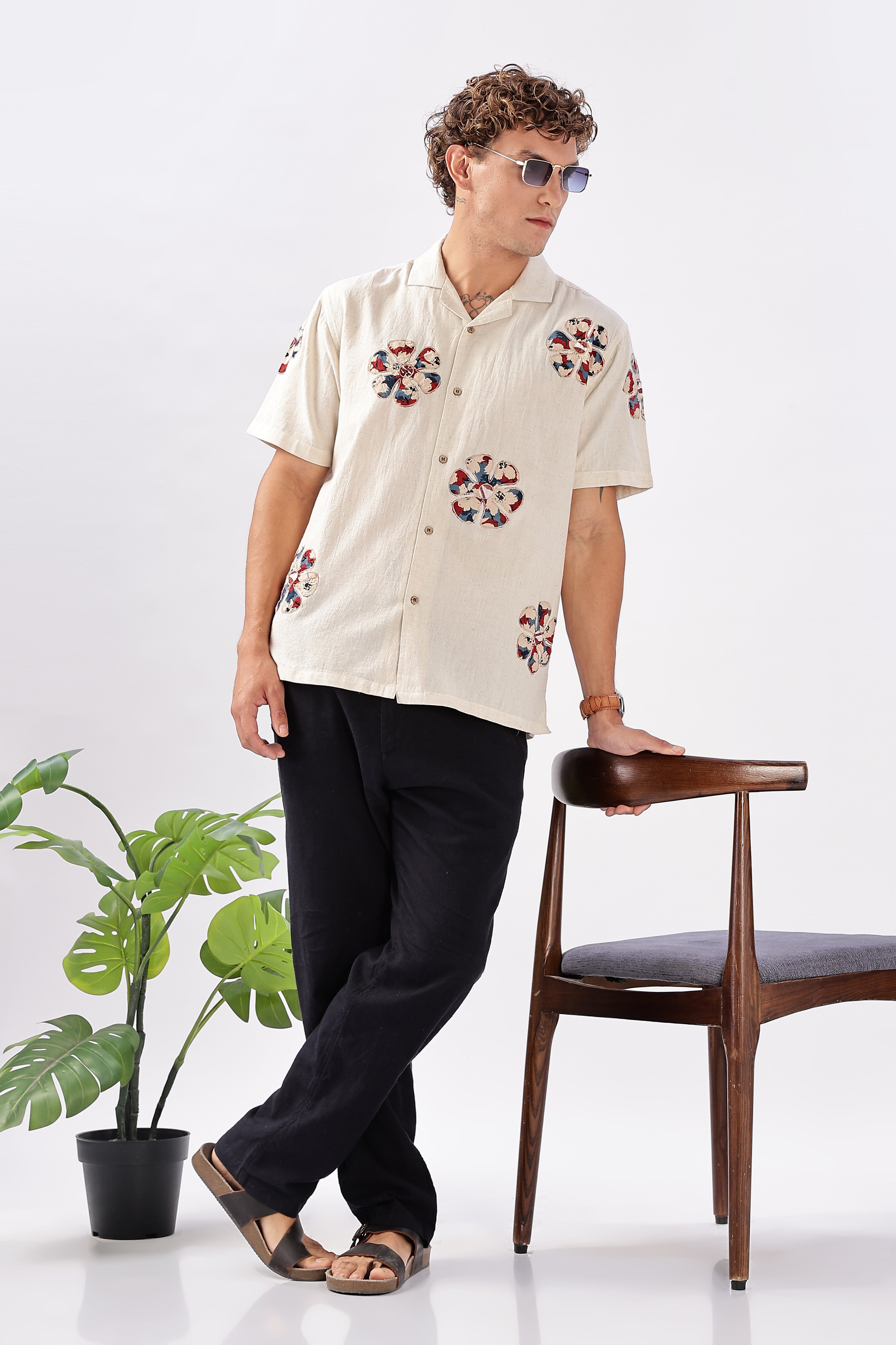 Retro Bloom Cotton Box Fit Beige Printed Shirt