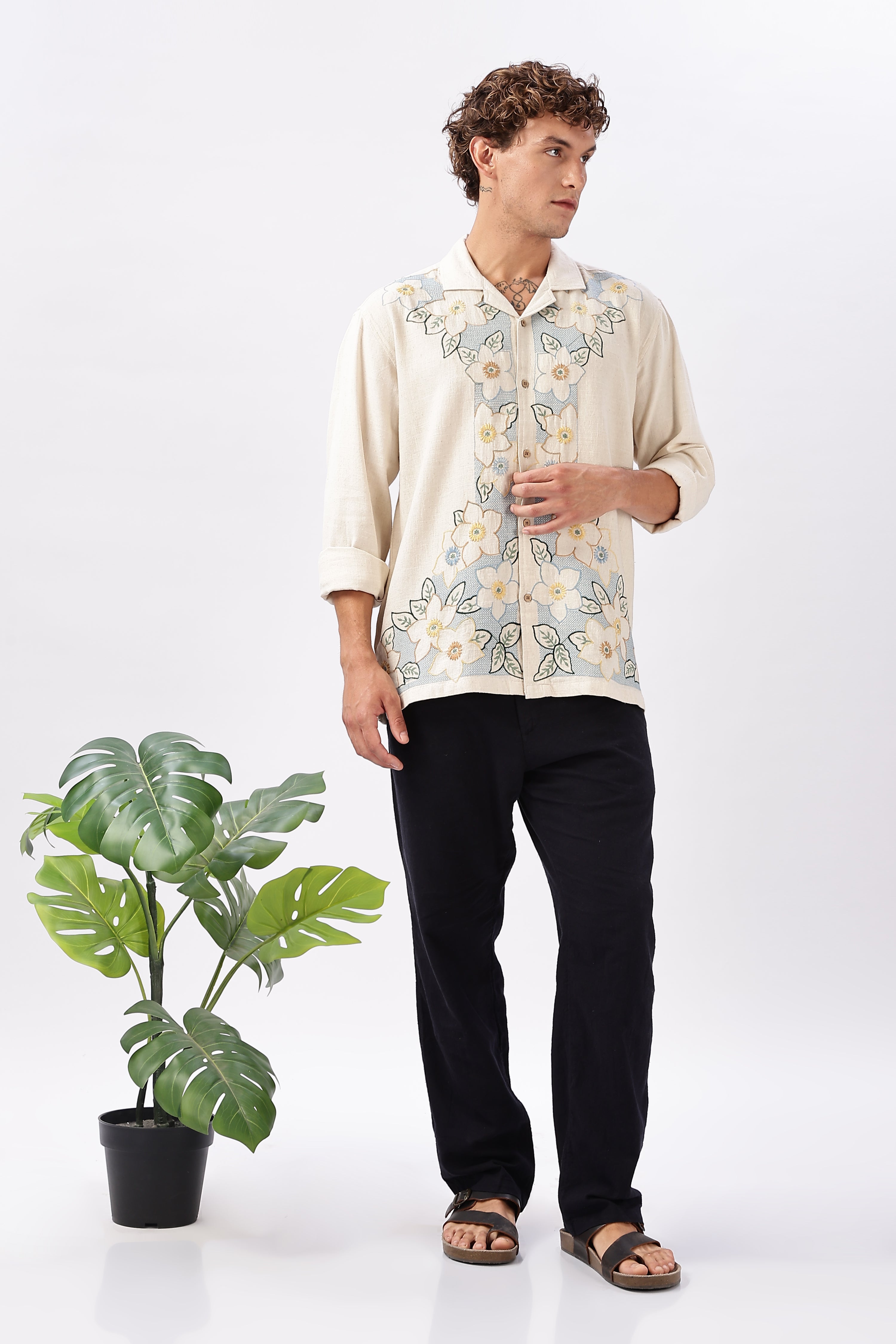 Bloomfield Lane Cotton Linen Embroidered Floral Shirt