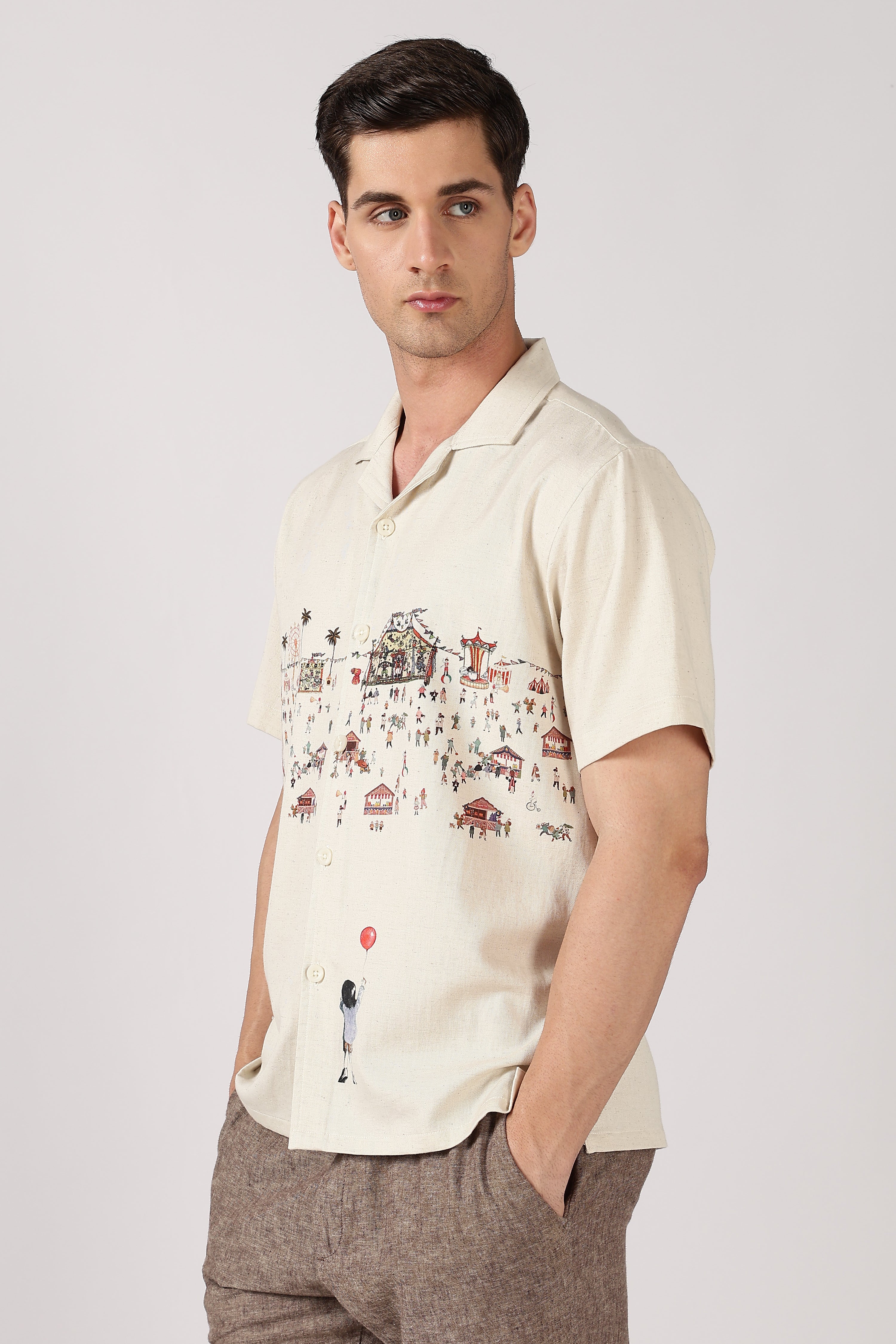 Carnival Dreams Cotton Box Fit Beige Printed Shirt