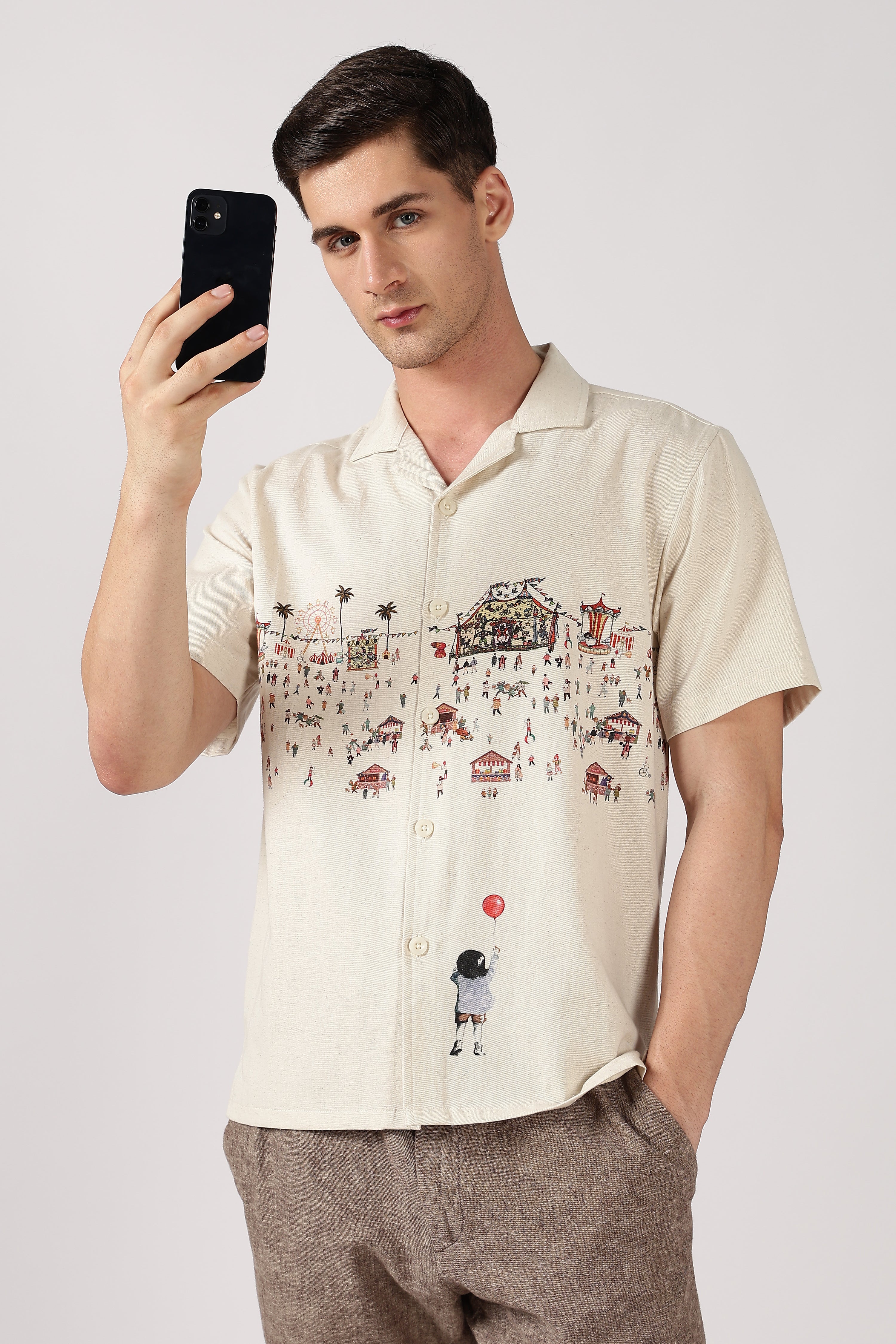 Carnival Dreams Cotton Box Fit Beige Printed Shirt