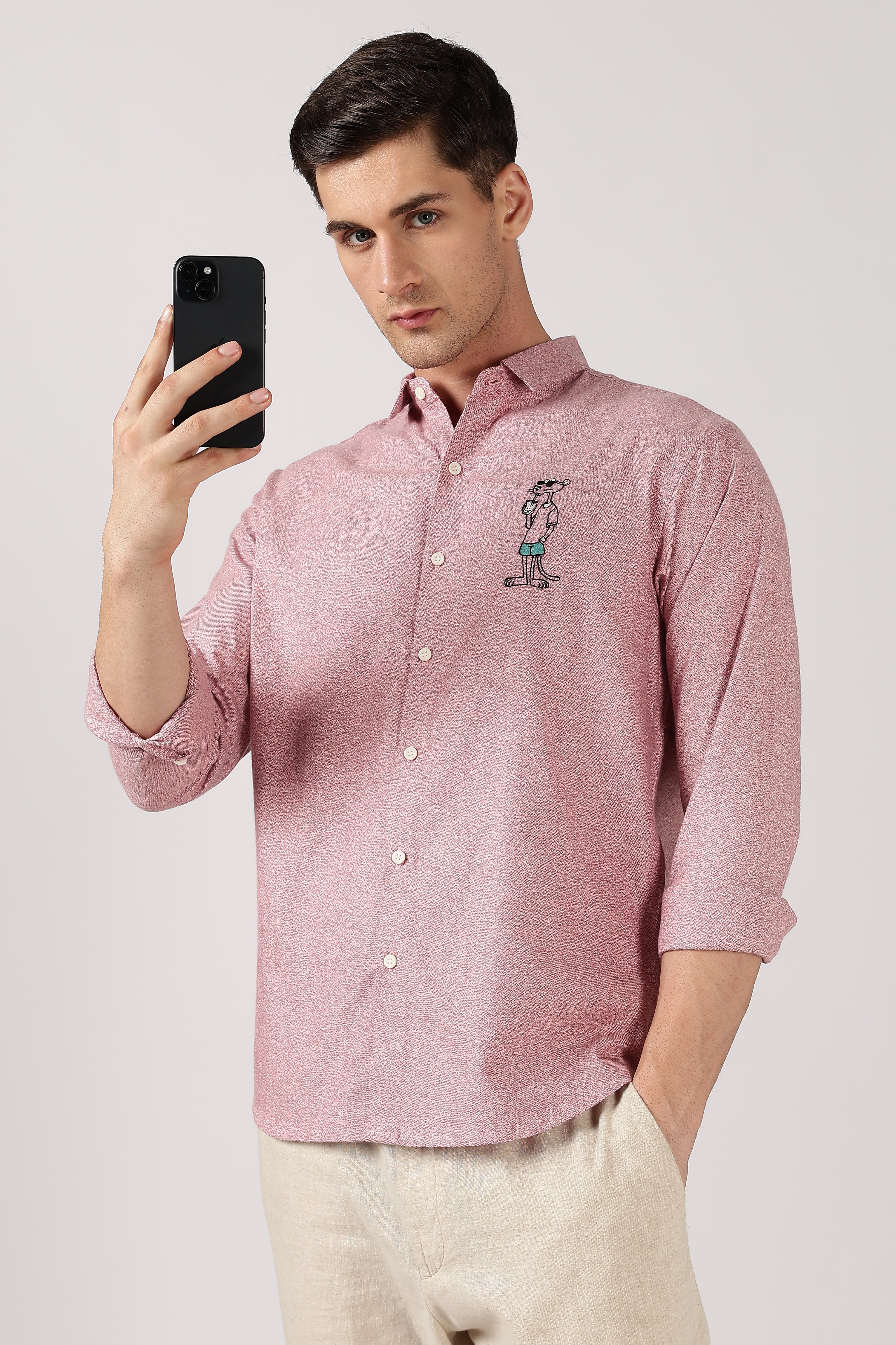 Soda Stroll Cotton Regular Fit Pink Embroidered Shirt