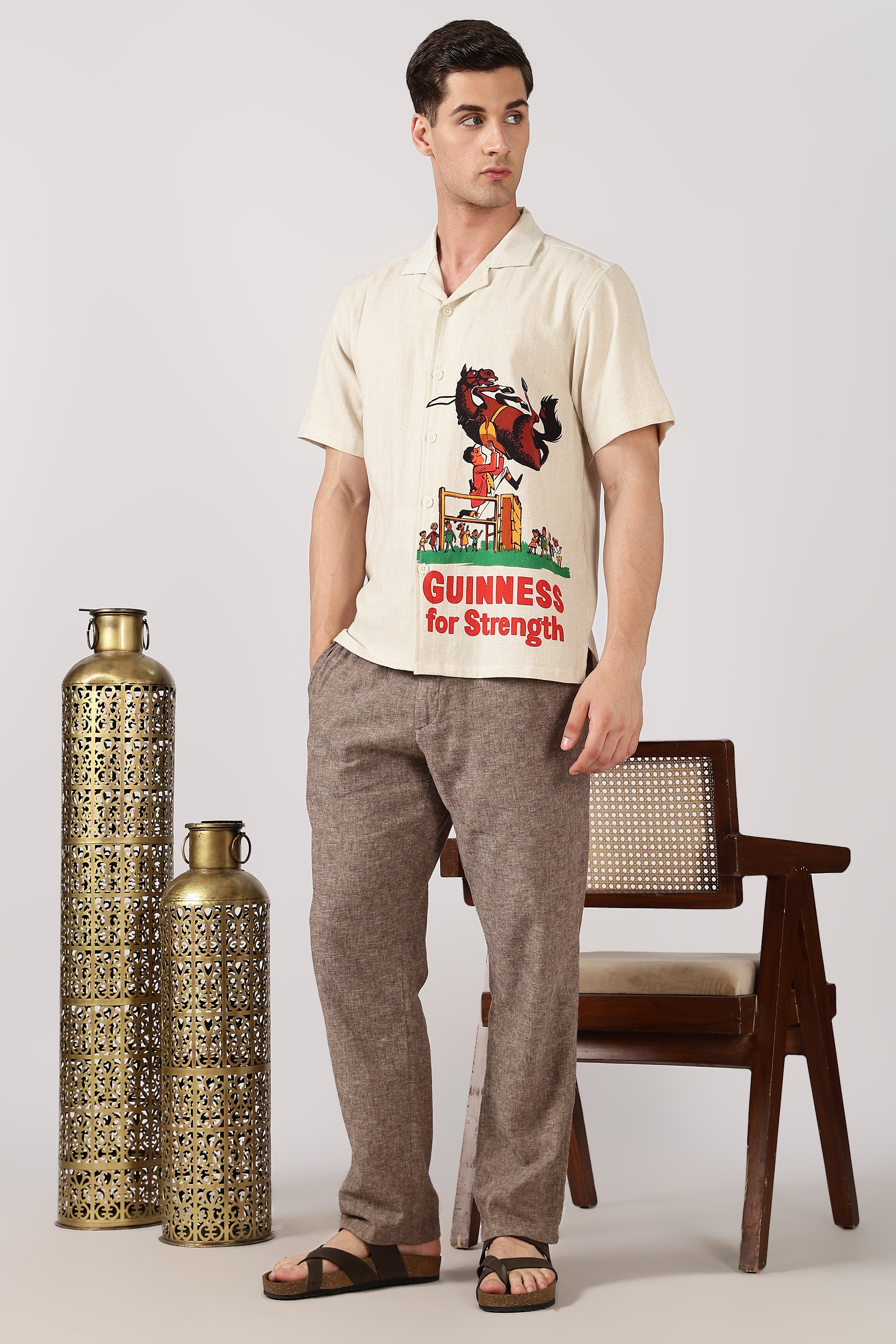 Bull Rider Cotton Box Fit Beige Printed Shirt