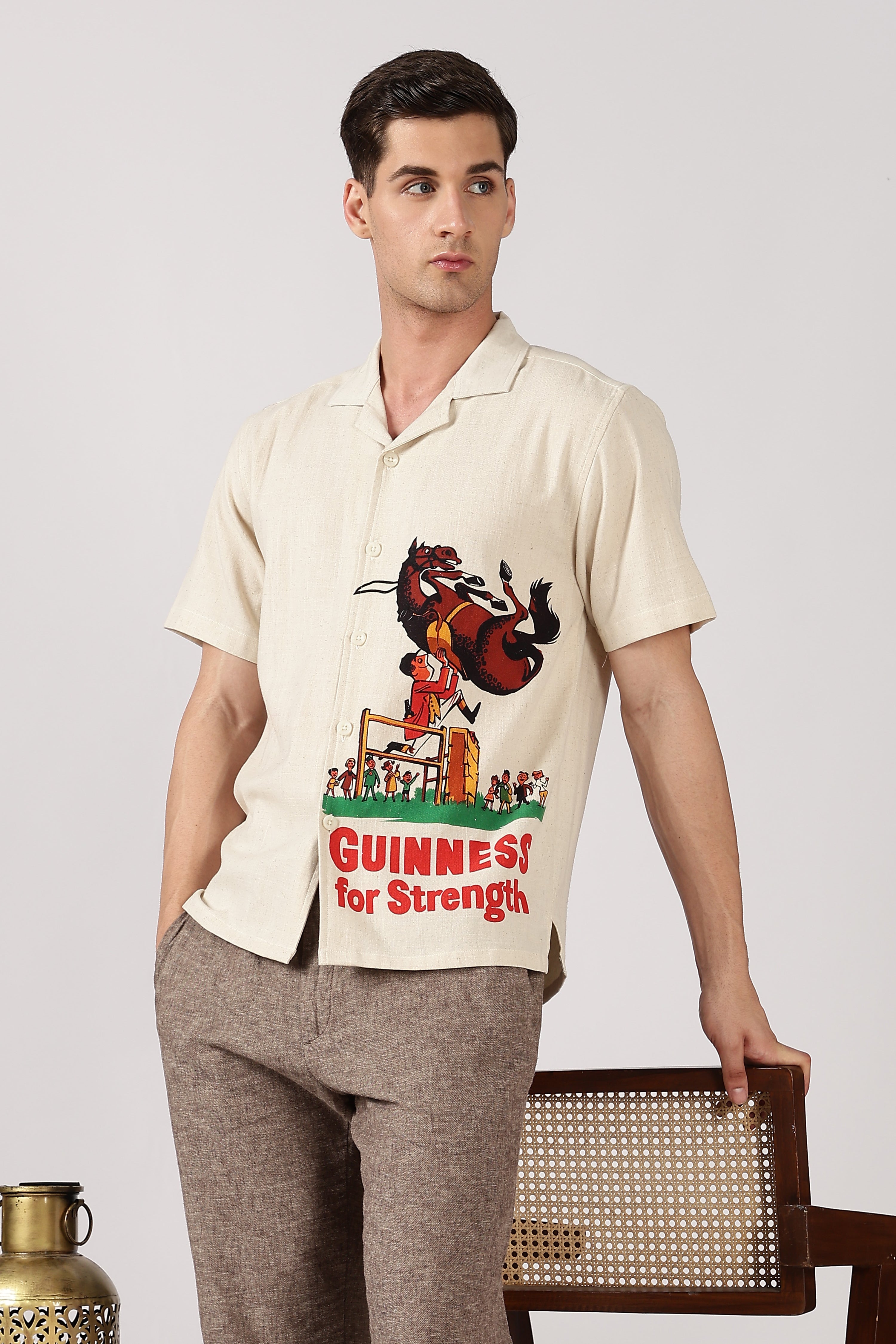 Bull Rider Cotton Box Fit Beige Printed Shirt