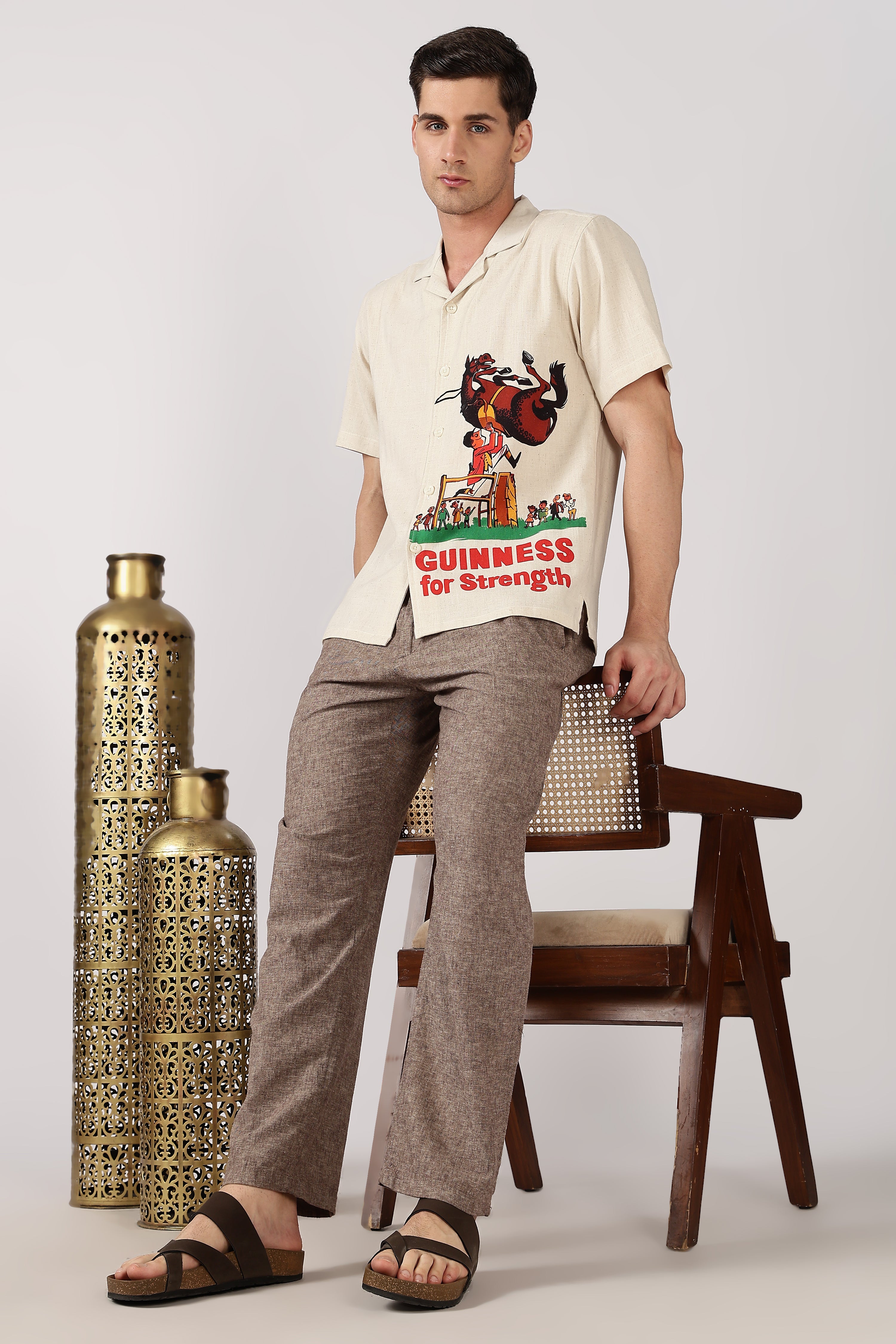 Bull Rider Cotton Box Fit Beige Printed Shirt