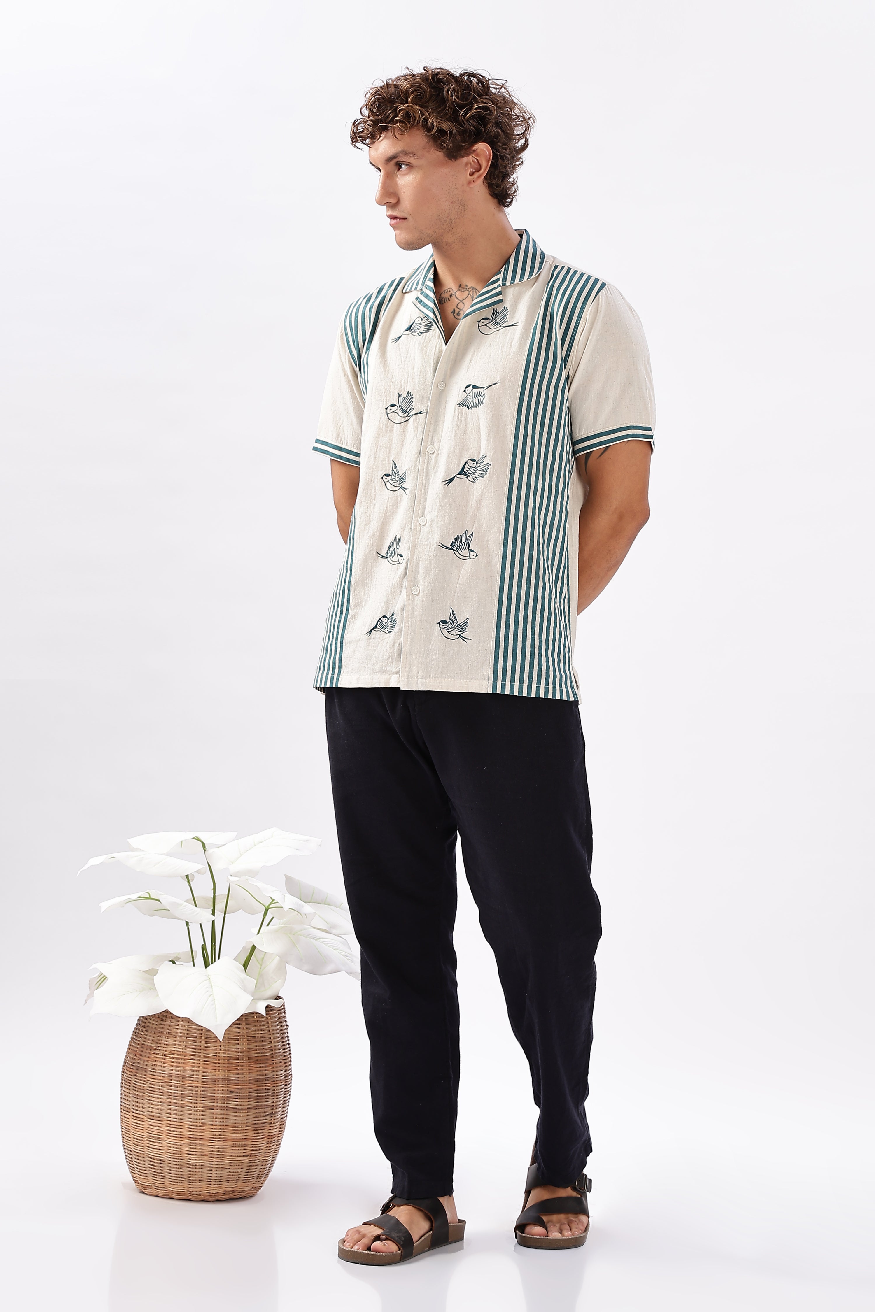 Soaring Sparrow Cotton Regular Fit Beige Embroidered Shirt